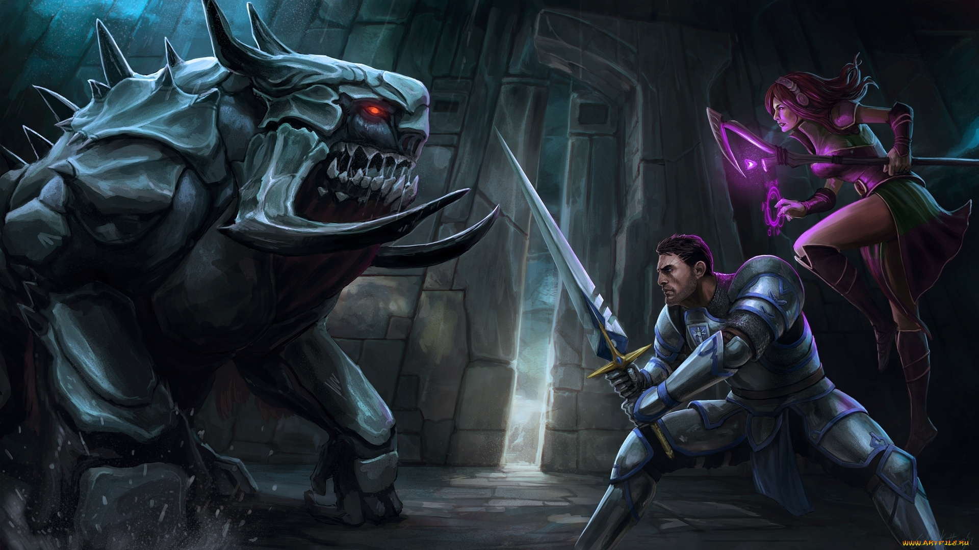 фэнтези, существа, волшебница, магия, посох, девушка, меч, рыцарь, монстр