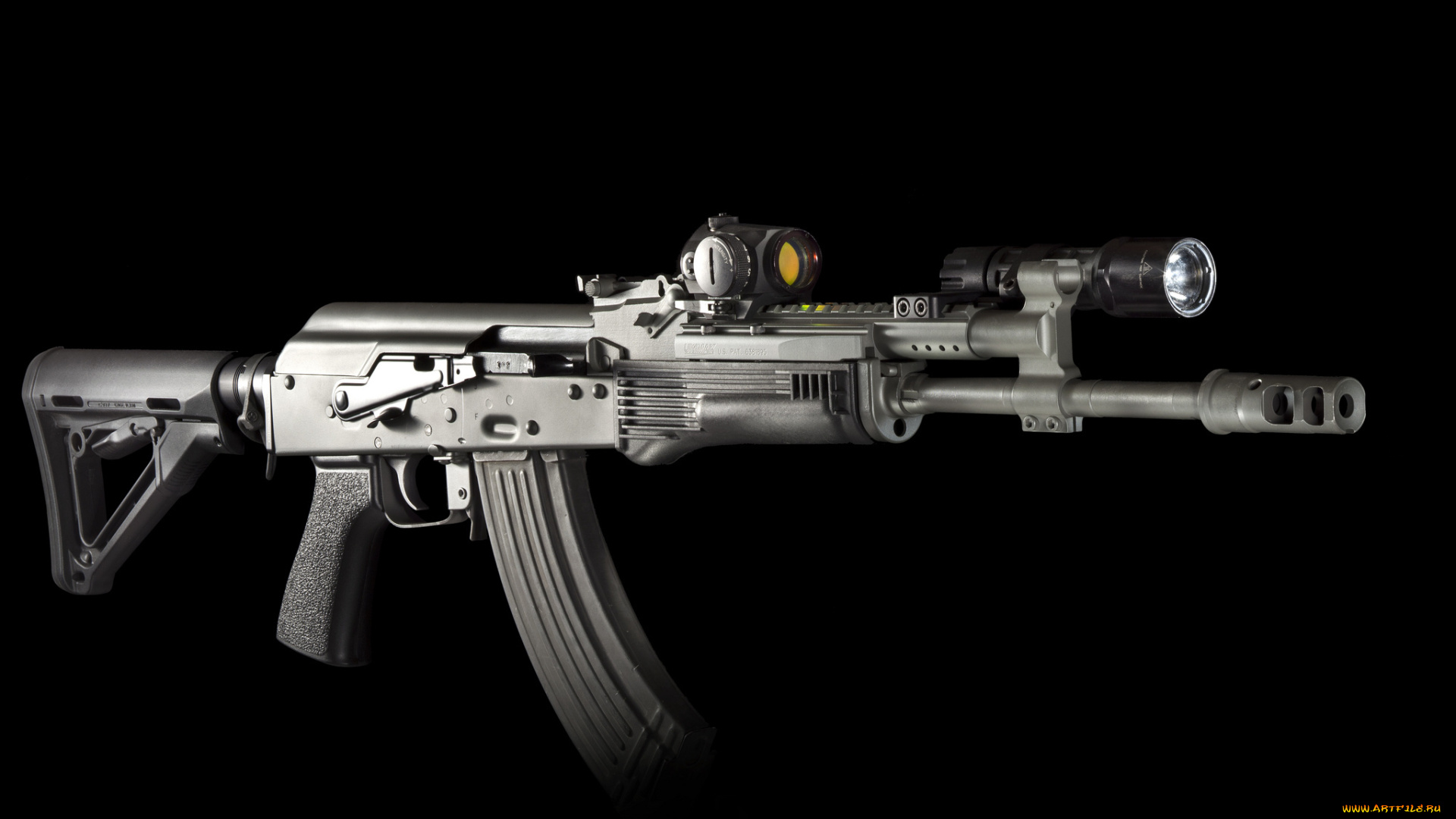 оружие, винтовки, с, прицеломприцелы, фон, штурмовая, ak, винтовка, автомат, фонарик