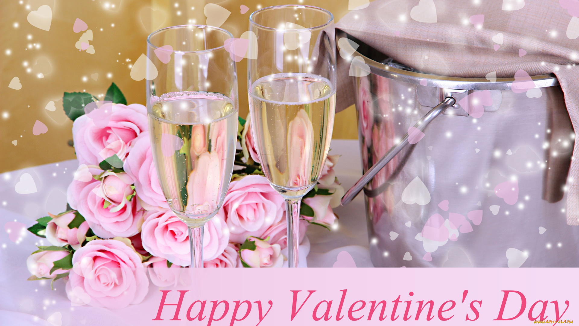праздничные, день, святого, валентина, , сердечки, , любовь, день, святого, валентина, ведёрко, цветы, розы, фужеры, шампанское