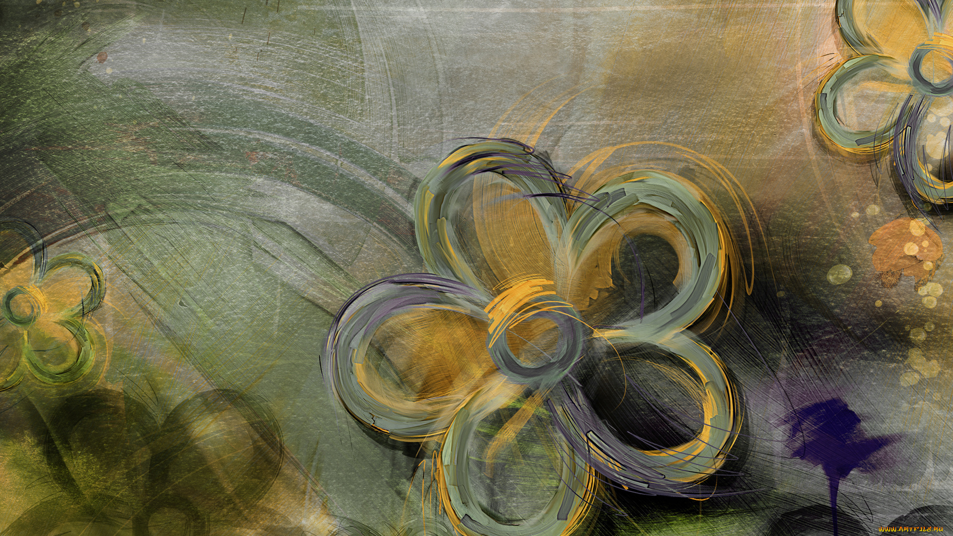 разное, компьютерный, дизайн, зелёные, цветы, нарисованные, желто