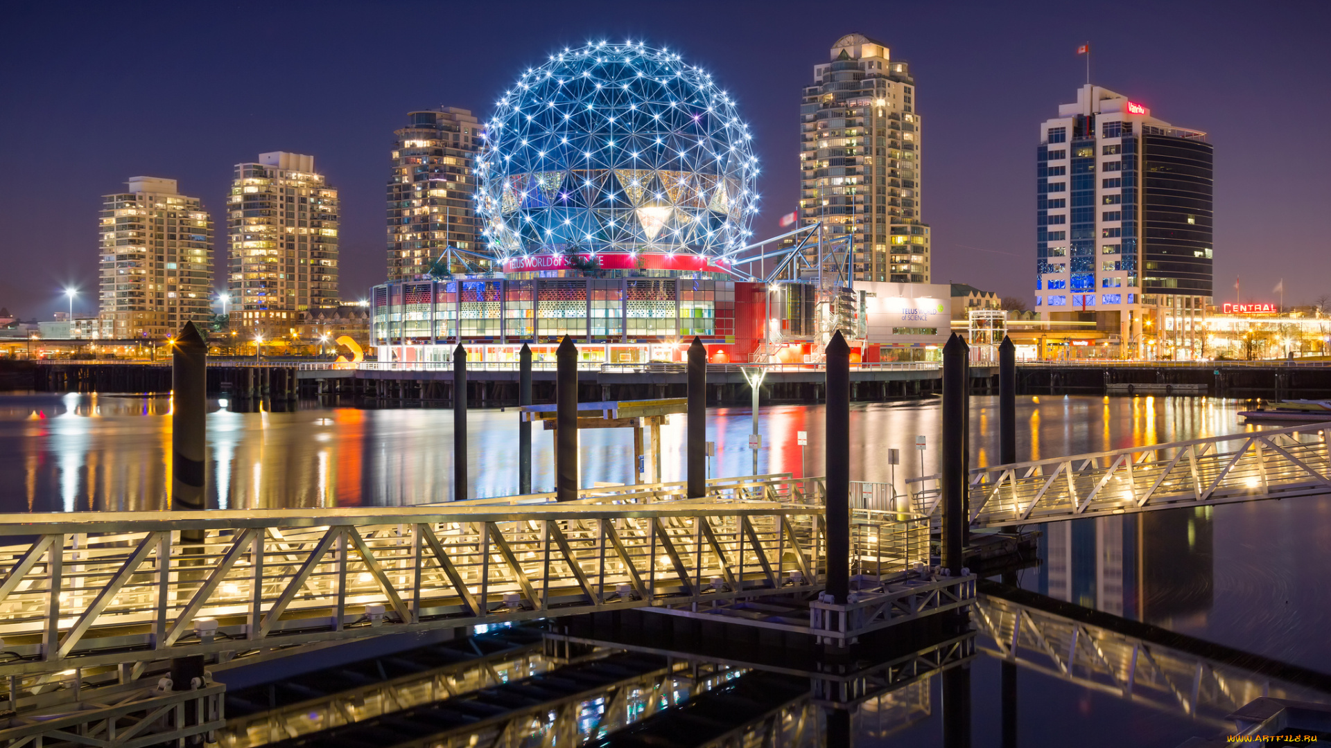 vancouver, города, ванкувер, , канада, ночь, здания, огни, вода