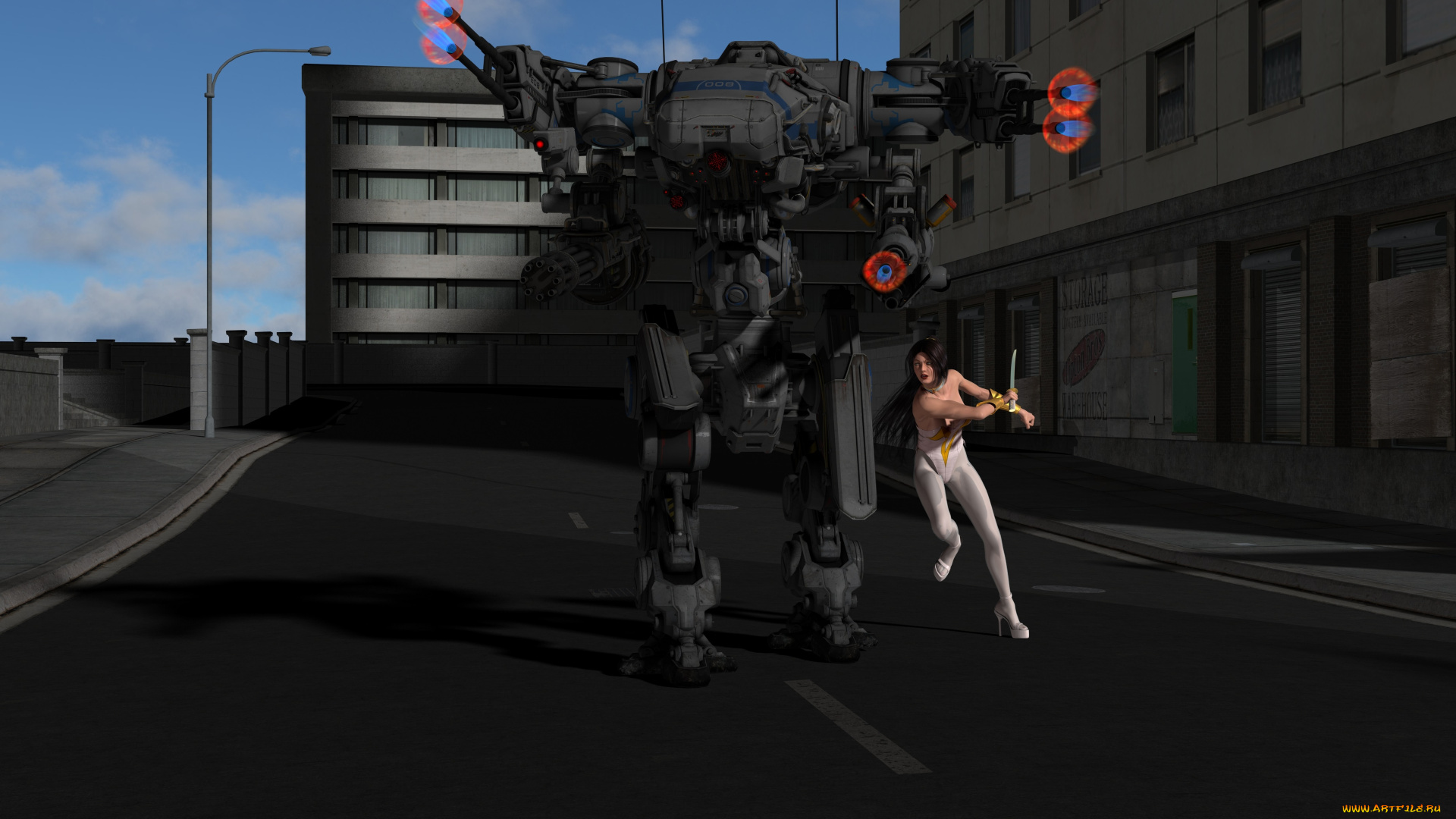 3д, графика, фантазия, , fantasy, девушка, робот, оружие, фон, взгляд