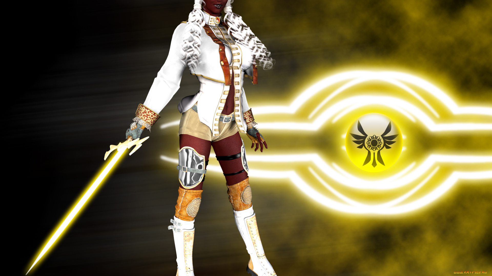 3д, графика, фантазия, , fantasy, девушка, символ, оружие, улыбка, фон, взгляд