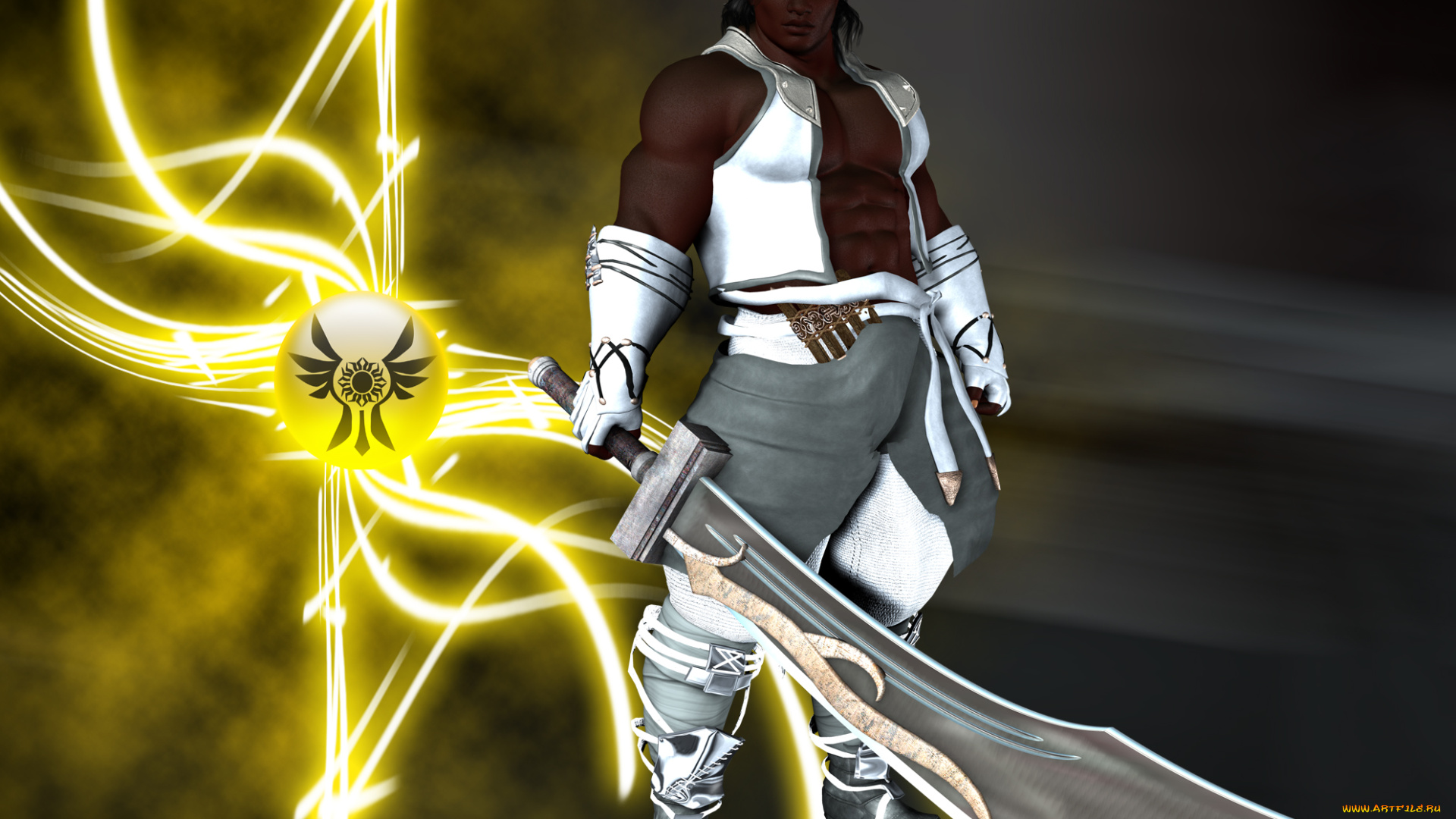 3д, графика, фантазия, , fantasy, символ, меч, фон, взгляд, мужчина