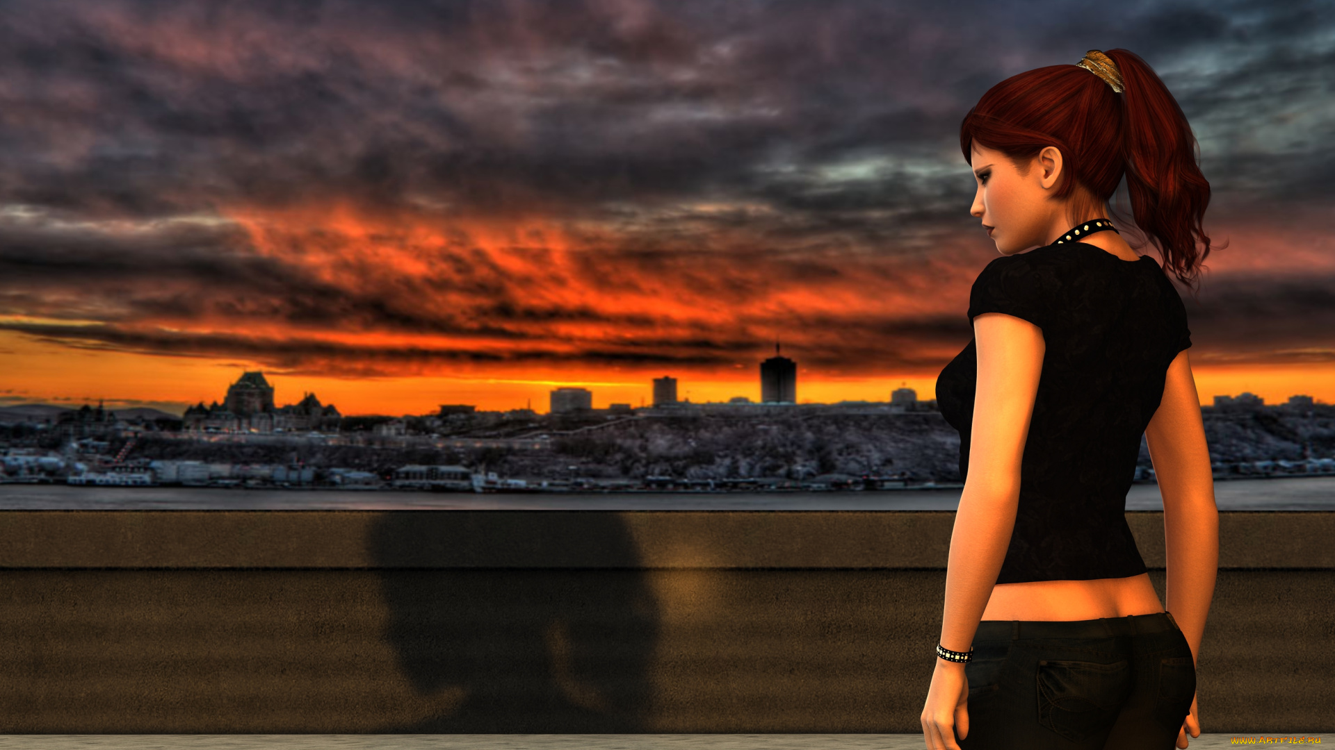 3д, графика, люди, , people, облака, закат, город, фон, взгляд, девушка