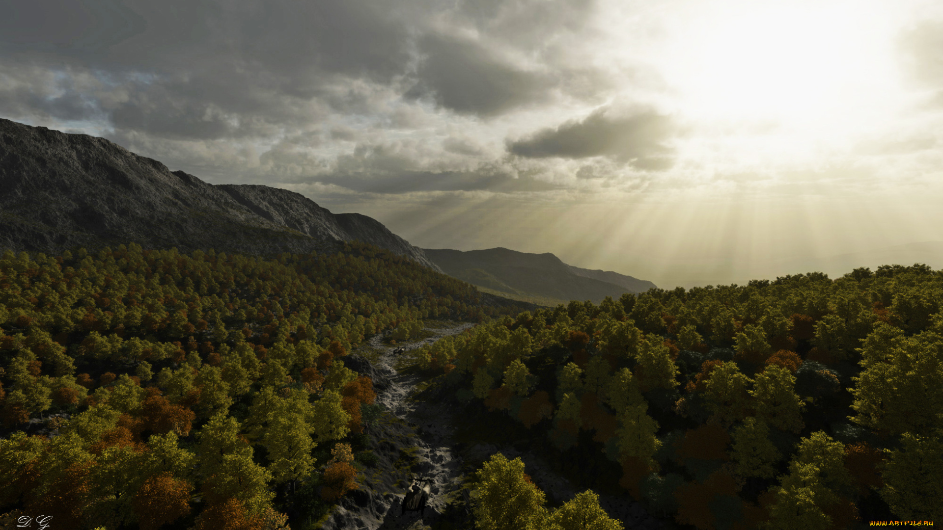 3д, графика, природа, , nature, дорога, небо, лес