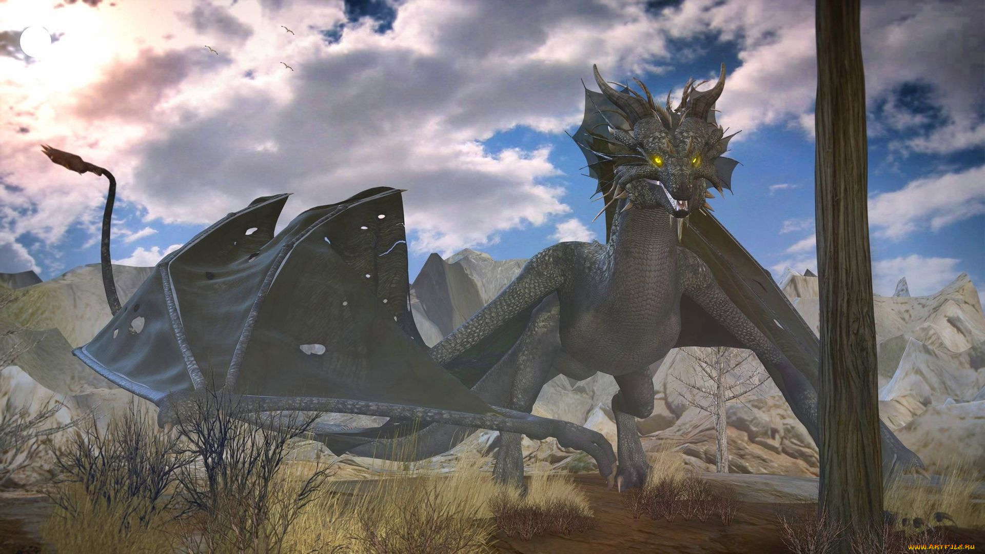 3д, графика, существа, , creatures, горы, дракон, облака