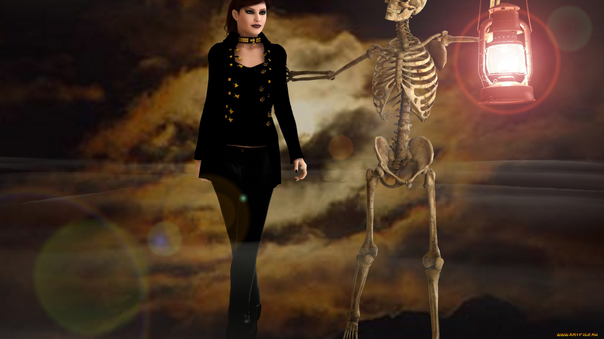 3д, графика, ужас, , horror, скелет, фон, взгляд, девушка, фонарь