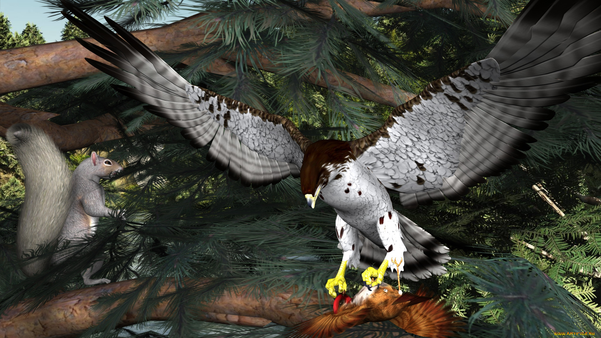 3д, графика, животные, , animals, ветки, белка, орел