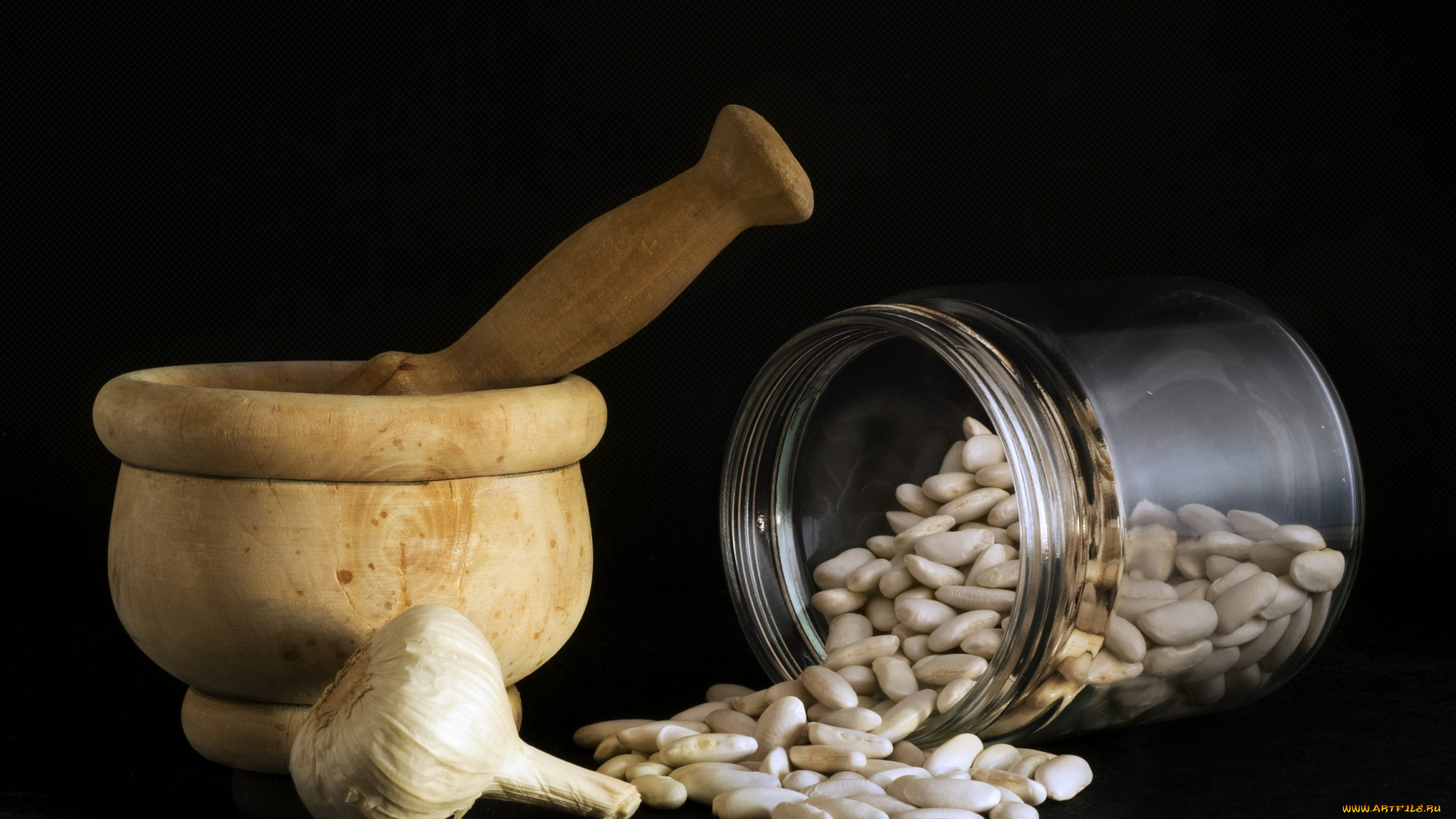еда, натюрморт, чеснок, зерна, банка, ступка