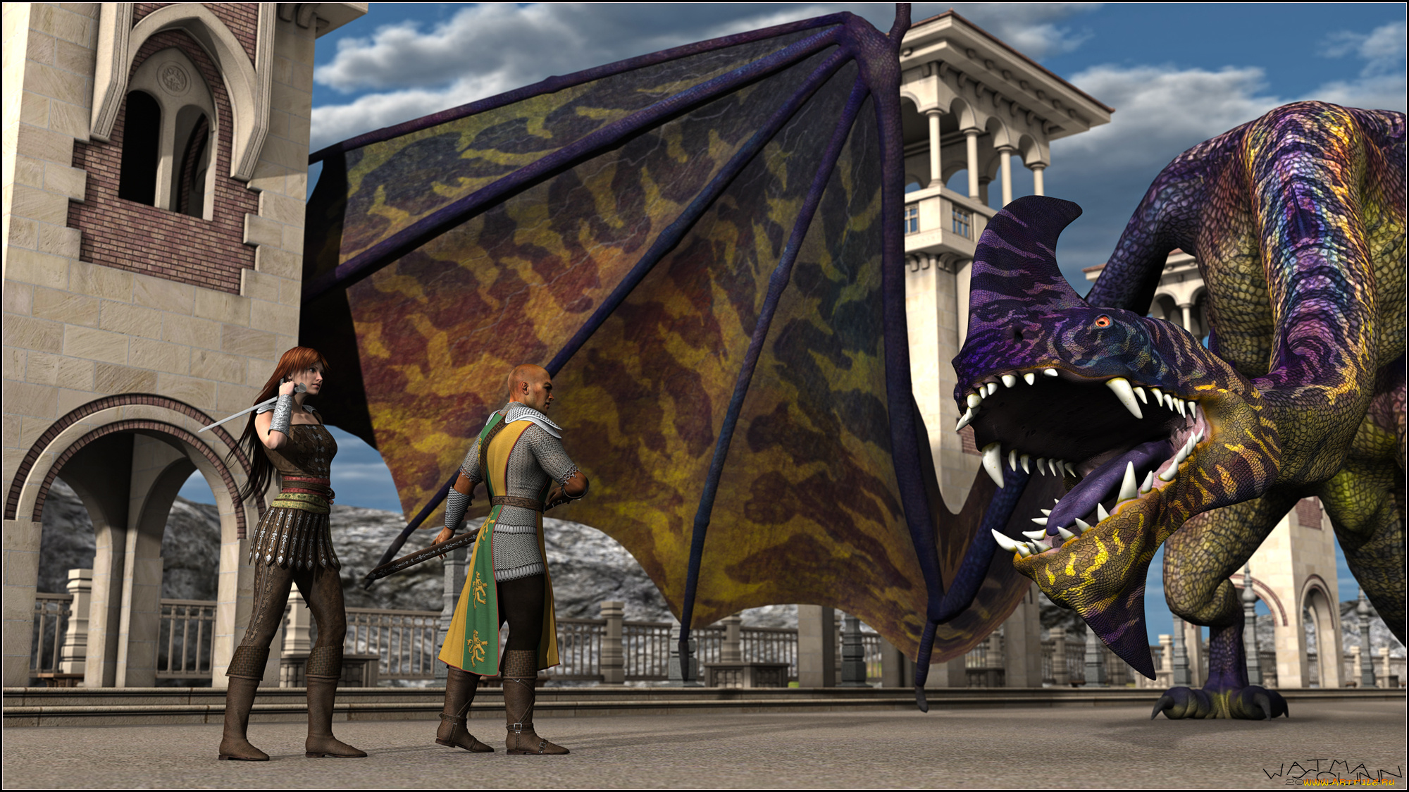 3д, графика, фантазия, , fantasy, дракон, оружие, мужчина, фон, девушка, взгляд