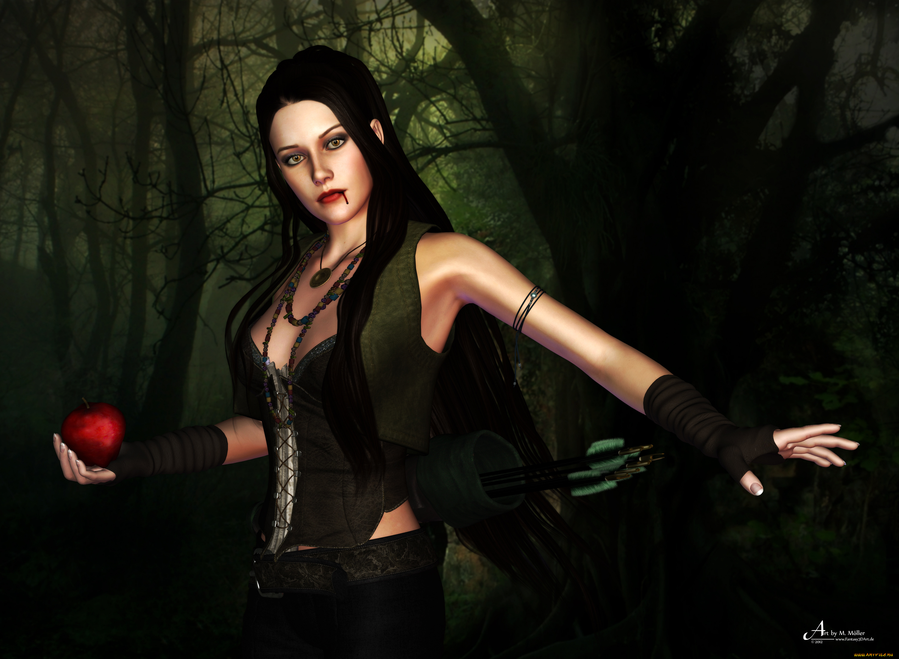 3д, графика, люди, , people, девушка, яблоко, фон, взгляд