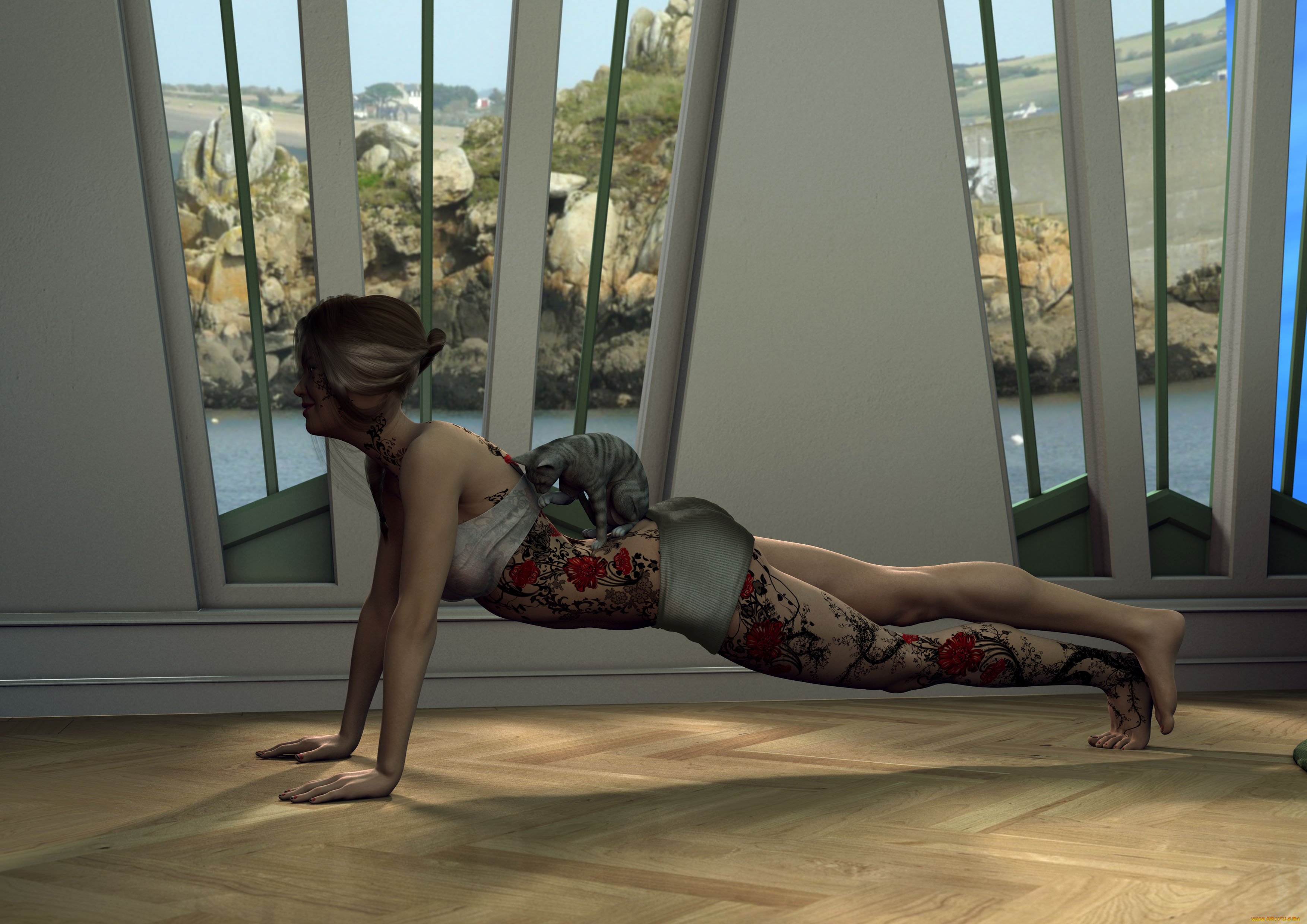 3д, графика, люди, , people, тату, фон, девушка, взгляд, кот, гимнастика