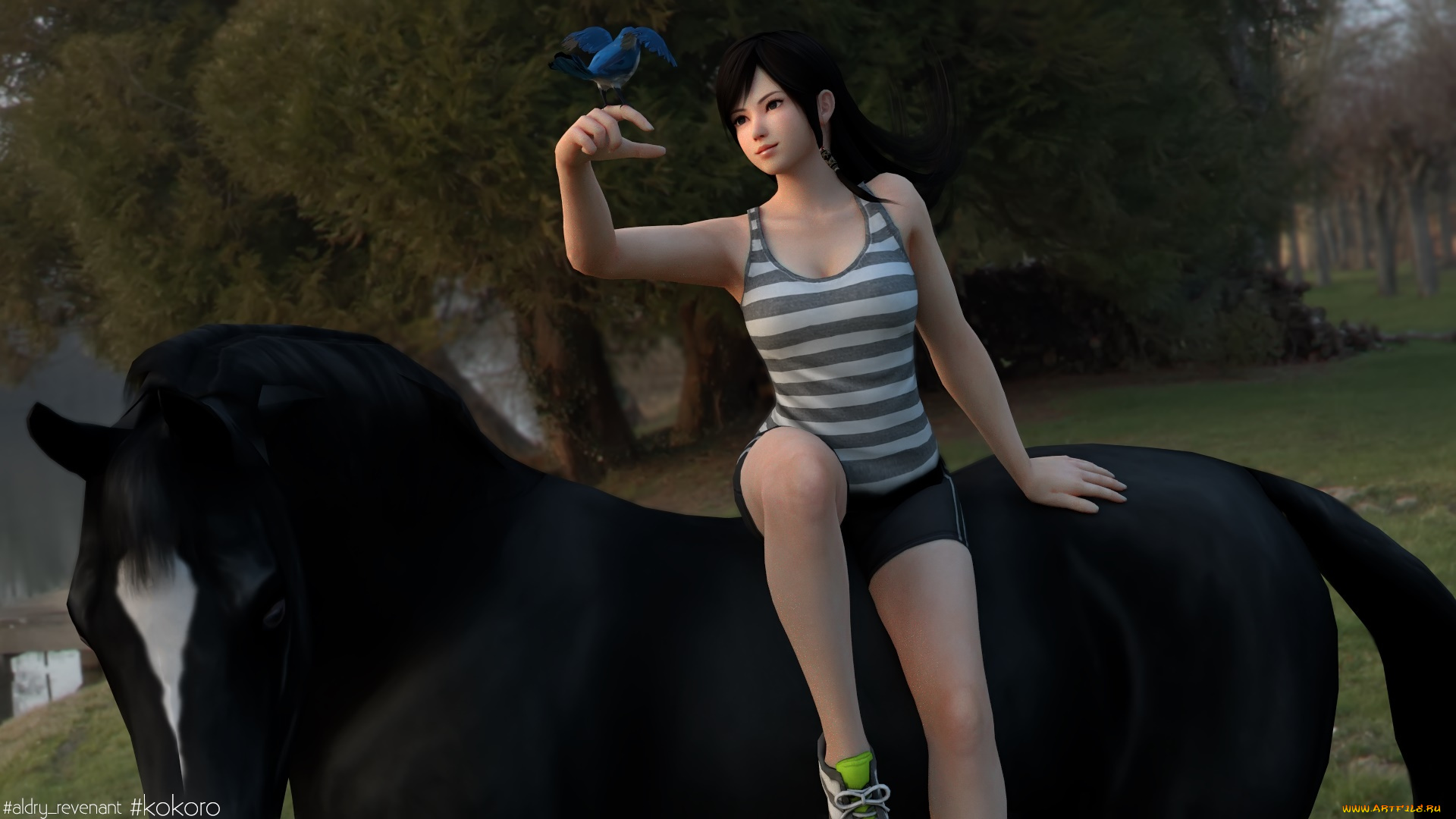 3д, графика, аниме, , anime, девушка, лошадь, взгляд, фон