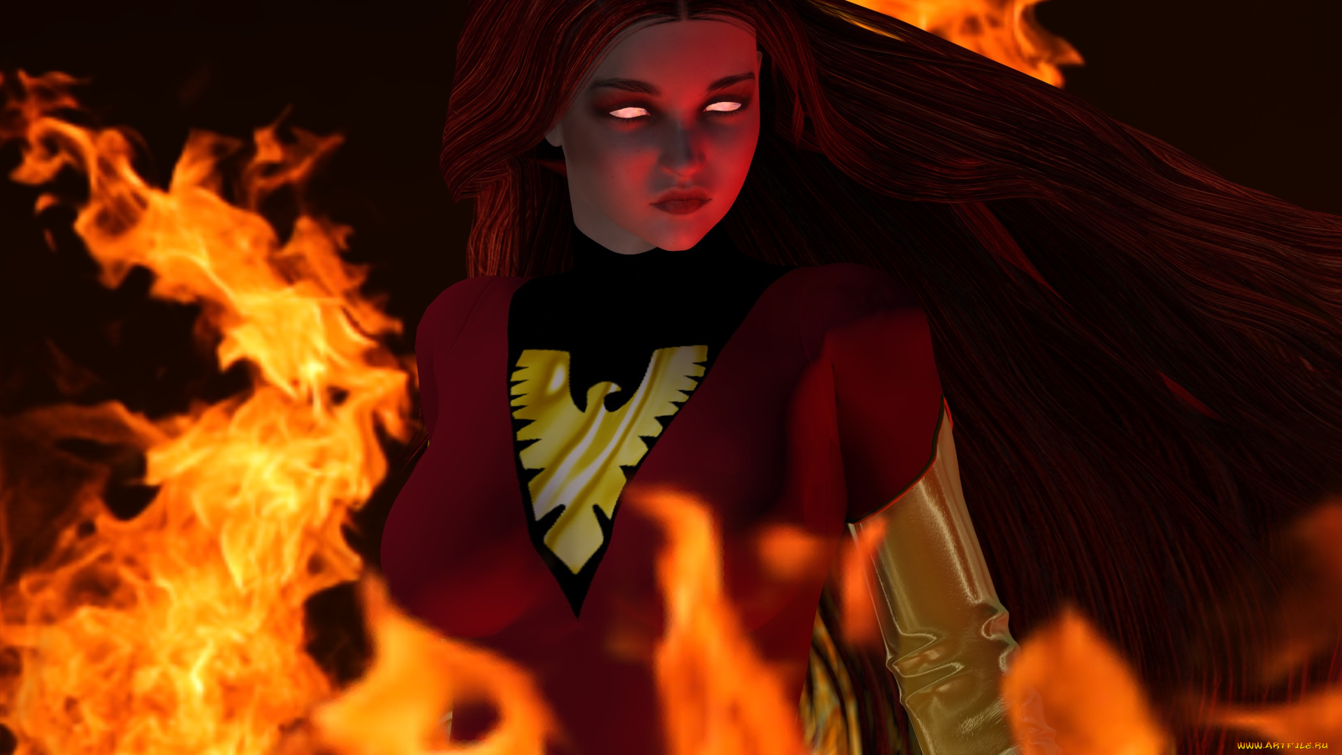 3д, графика, существа, , creatures, огонь, фон, взгляд, девушка