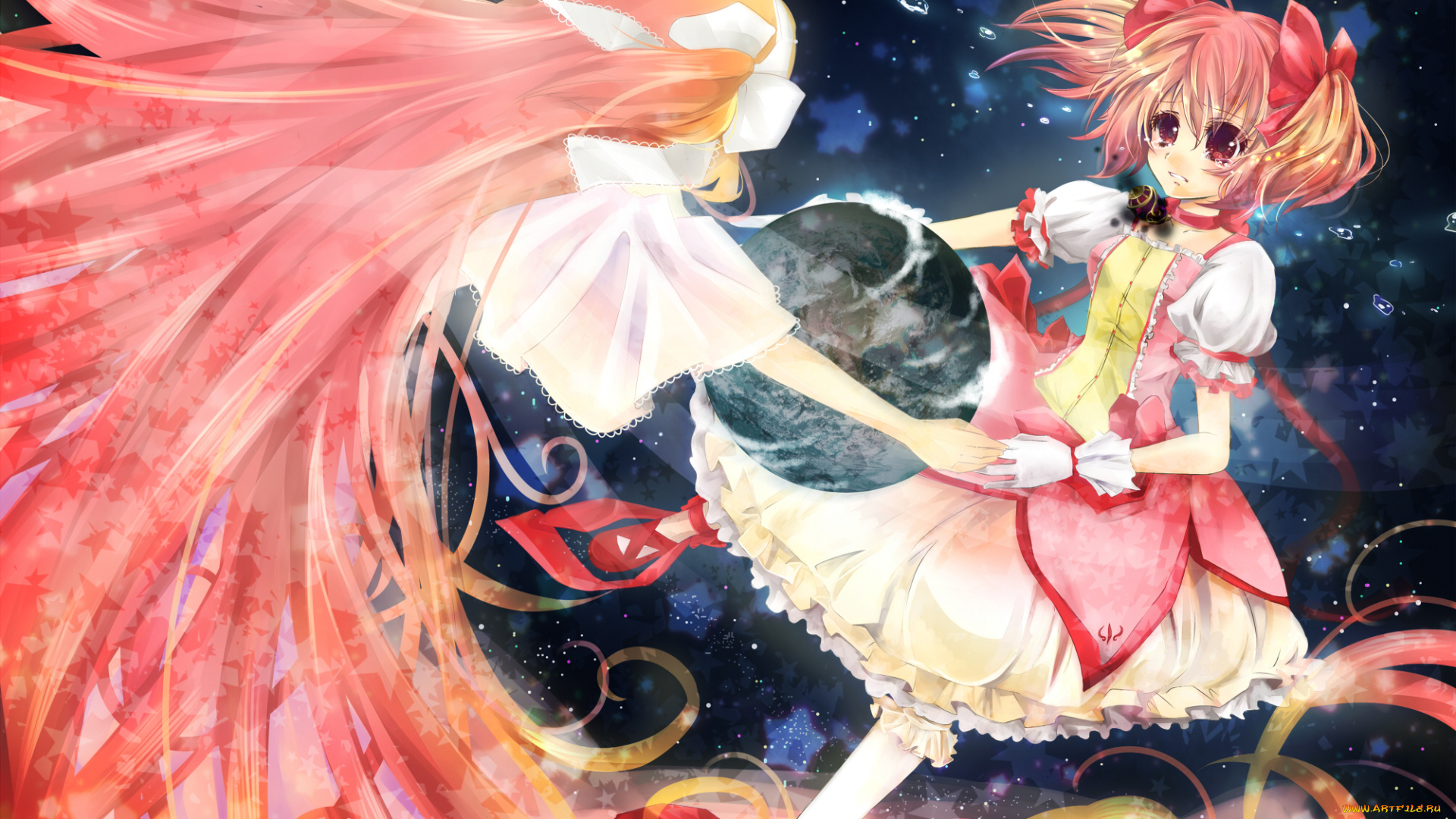 аниме, mahou, shoujo, madoka, magika, goddess, madoka, kaname, арт, бант, девочка-волшебница, мадока, космос, планета, звезды, девушки, слезы, mahou, shoujo, magica