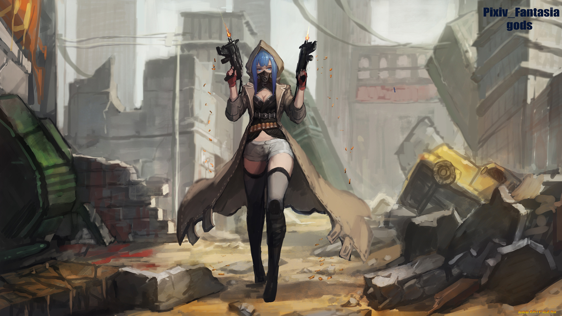 аниме, pixiv, fantasia, pixiv, fantasia, руины, город, оружие, арт, девушка, gods