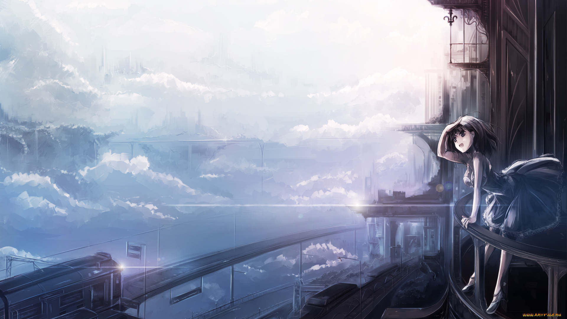 автор, , , oyeung, аниме, город, , улицы, , здания, девочка, арт, фантастика