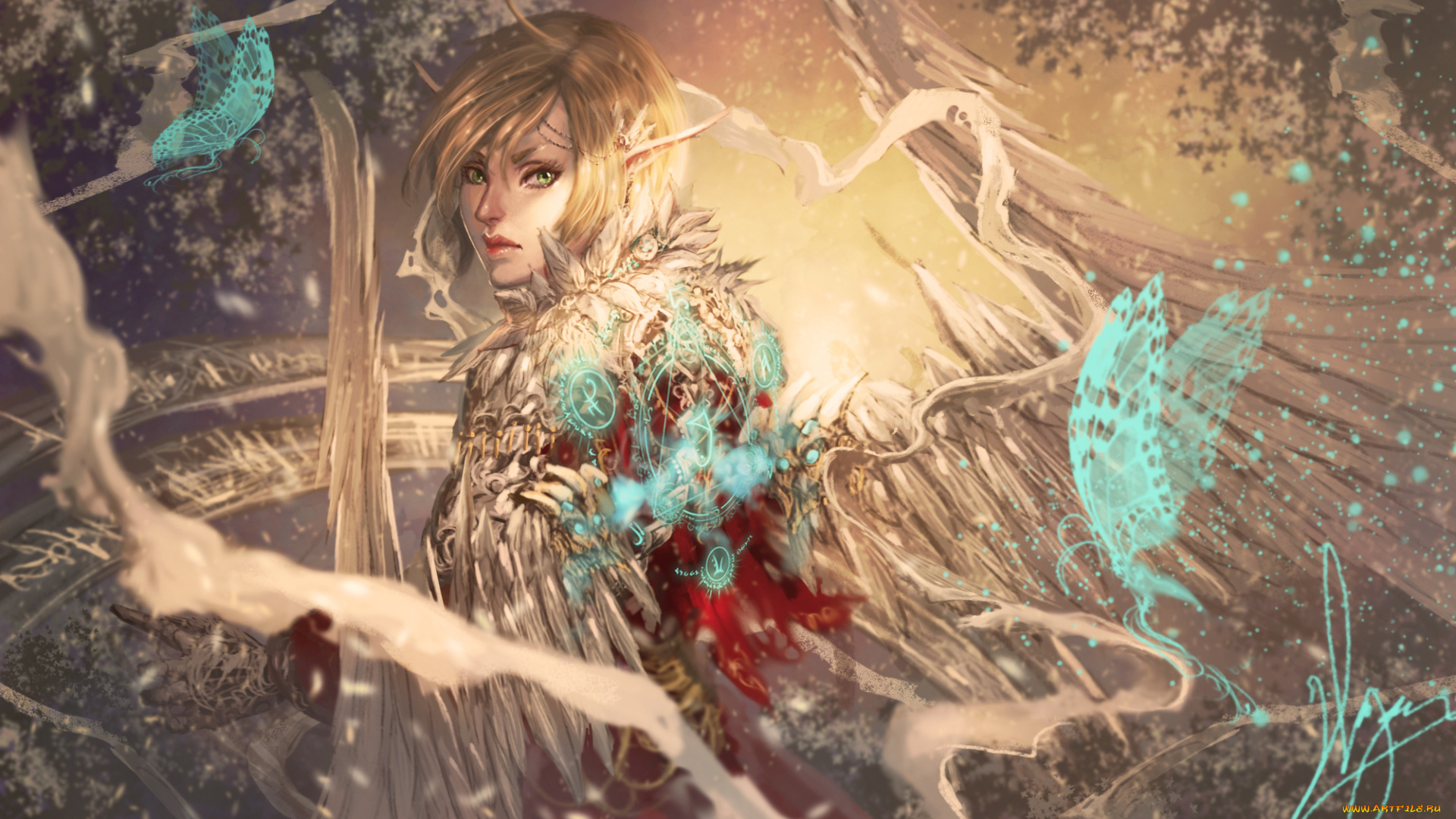 фэнтези, ангелы, крылья, бабочки, девушка, взгляд, ушки, арт