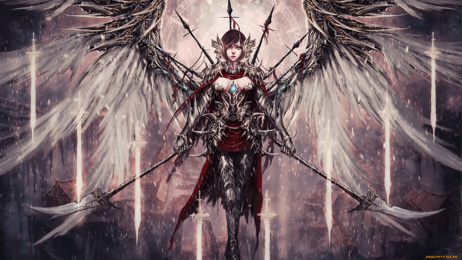 фэнтези, ангелы, взгляд, девушка, оружие, арт, ангел, крылья, фантастика