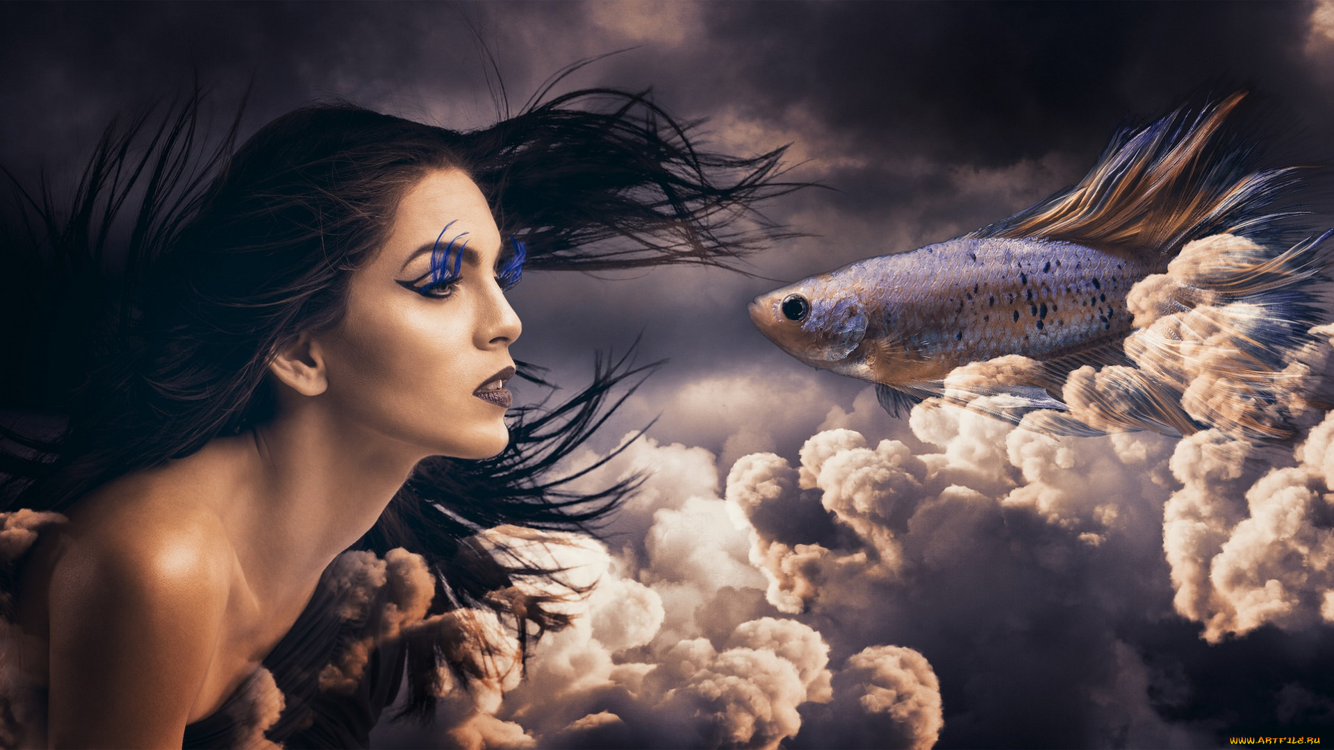 фэнтези, фотоарт, ресницы, рыба, девушка, синий, арт