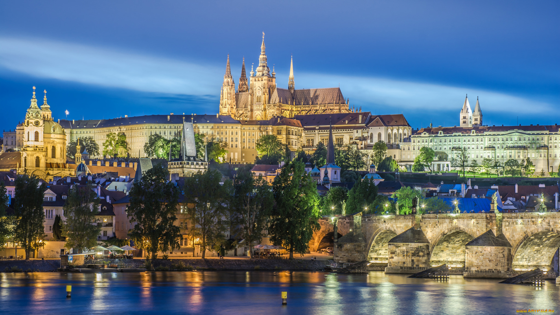 города, прага, , Чехия, огни, мост, река, влтава, собор, святого, вита, прага, дома
