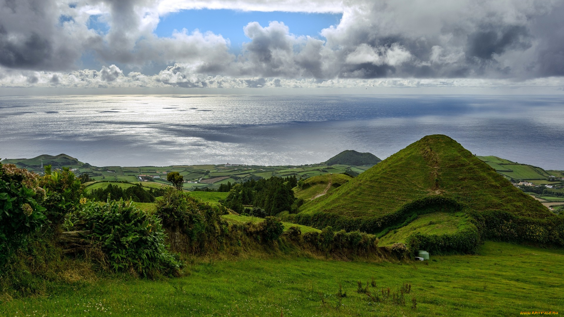 природа, побережье, поля, вершина, берег, небо, море