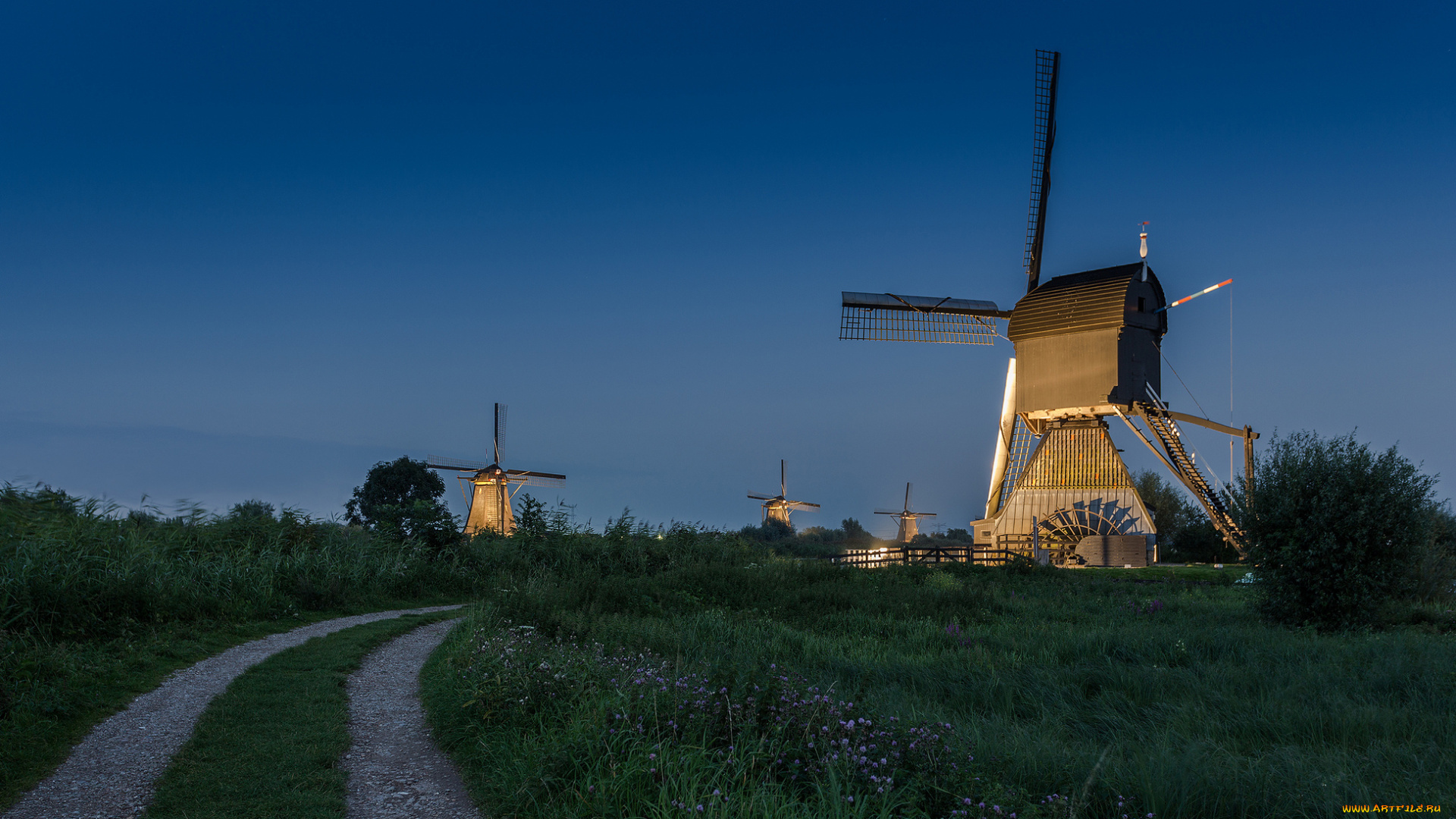 разное, мельницы, дорога, вечер, небо, нидерланды, ветряная, мельница