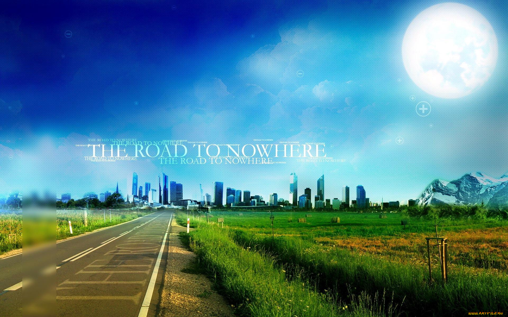 разное, компьютерный, дизайн, небо, луна, город, дорога, шоссе, трава, надписи, горы