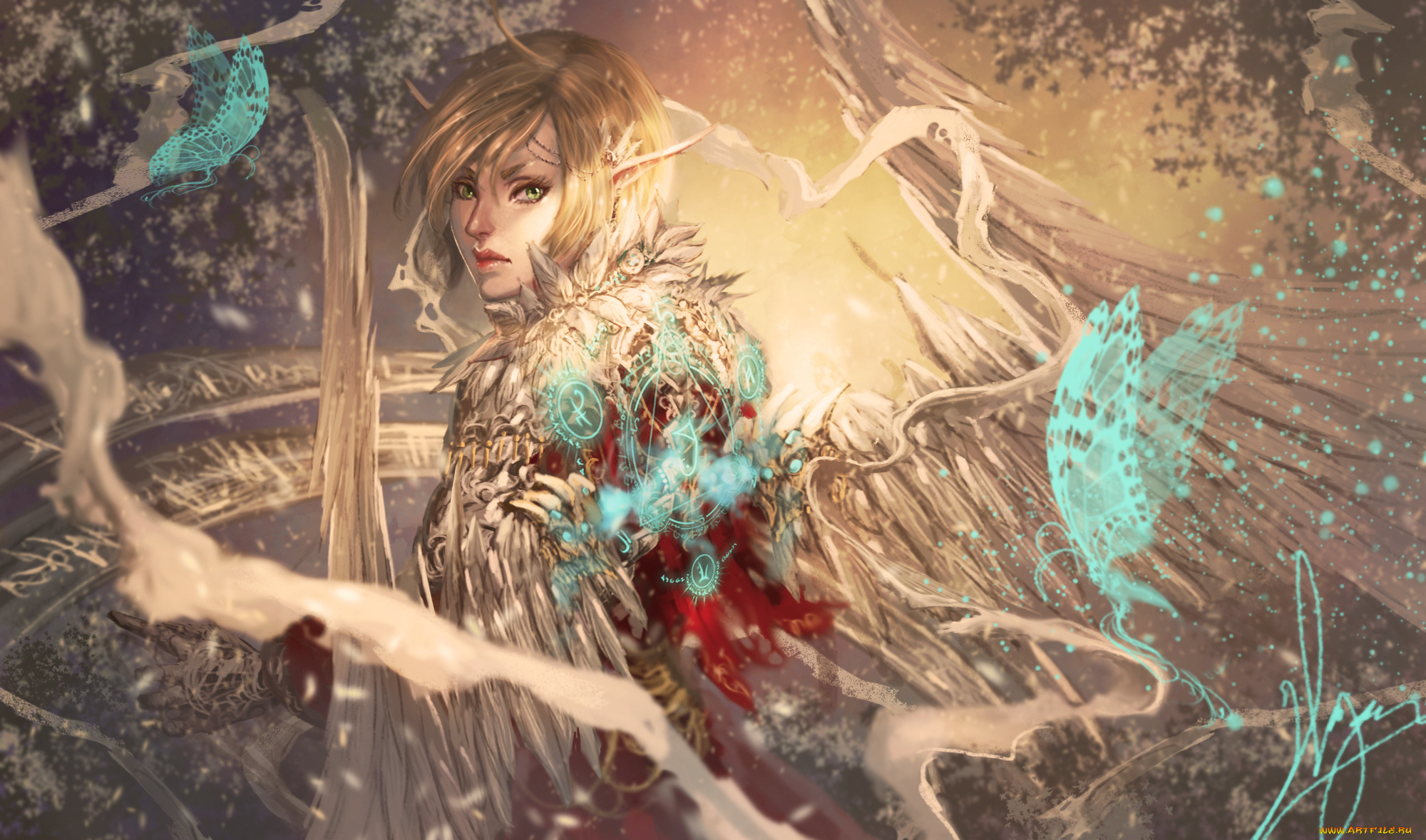 фэнтези, ангелы, крылья, бабочки, девушка, взгляд, ушки, арт