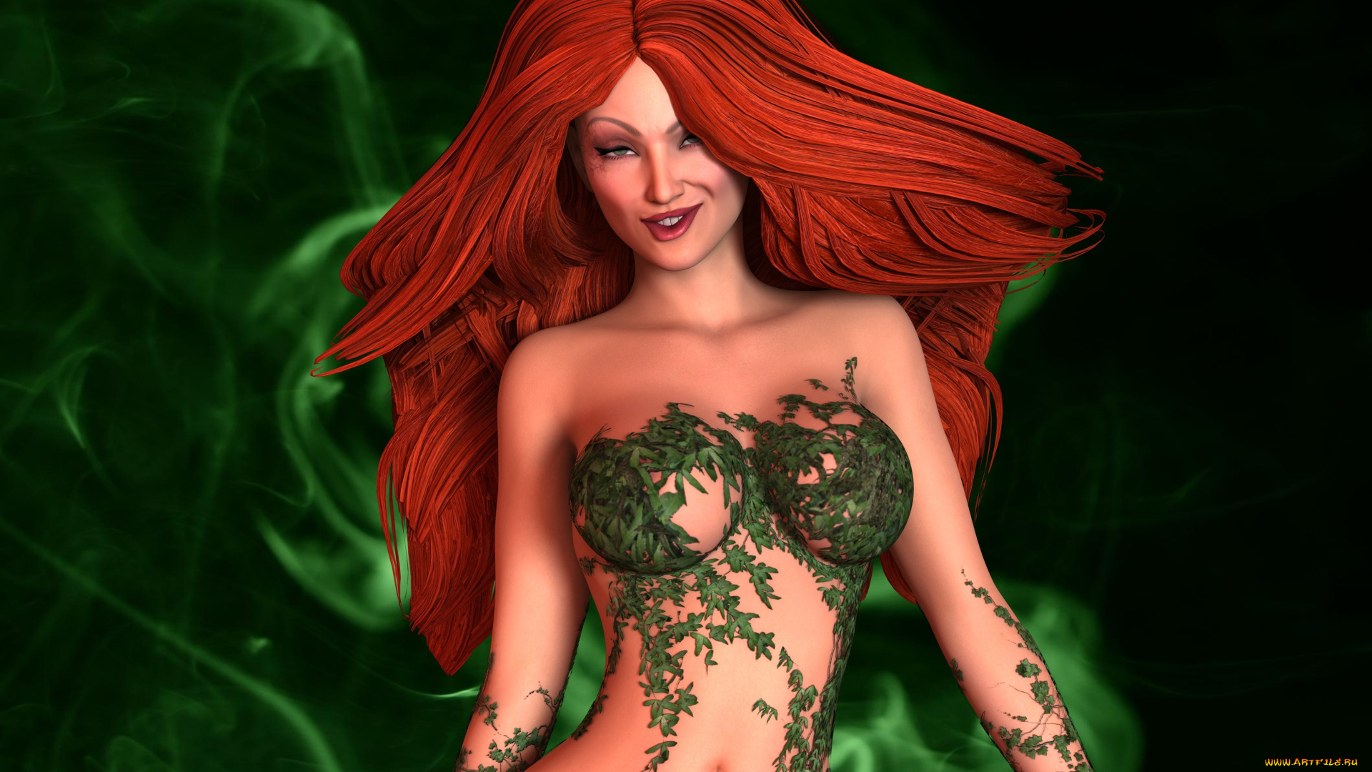 3д, графика, фантазия, , fantasy, девушка, взгляд, фон, рыжая, лесная