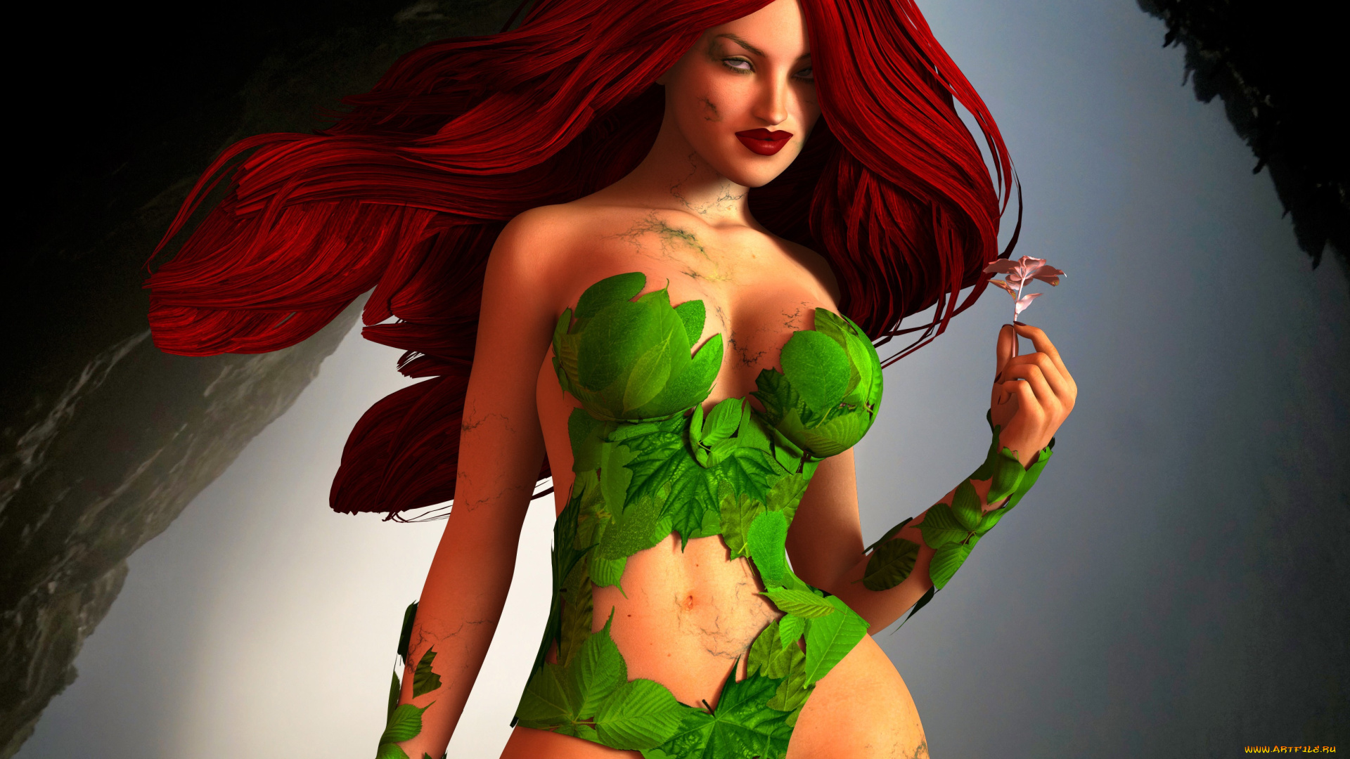 3д, графика, фантазия, , fantasy, девушка, взгляд, фон, рыжая, лесная