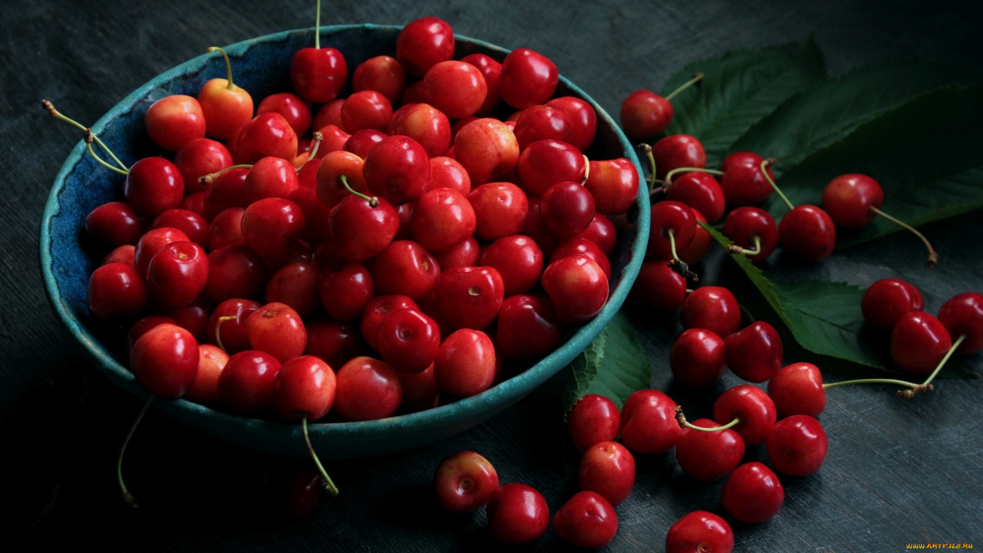 еда, вишня, , черешня, миска, ягоды, черешня, листья