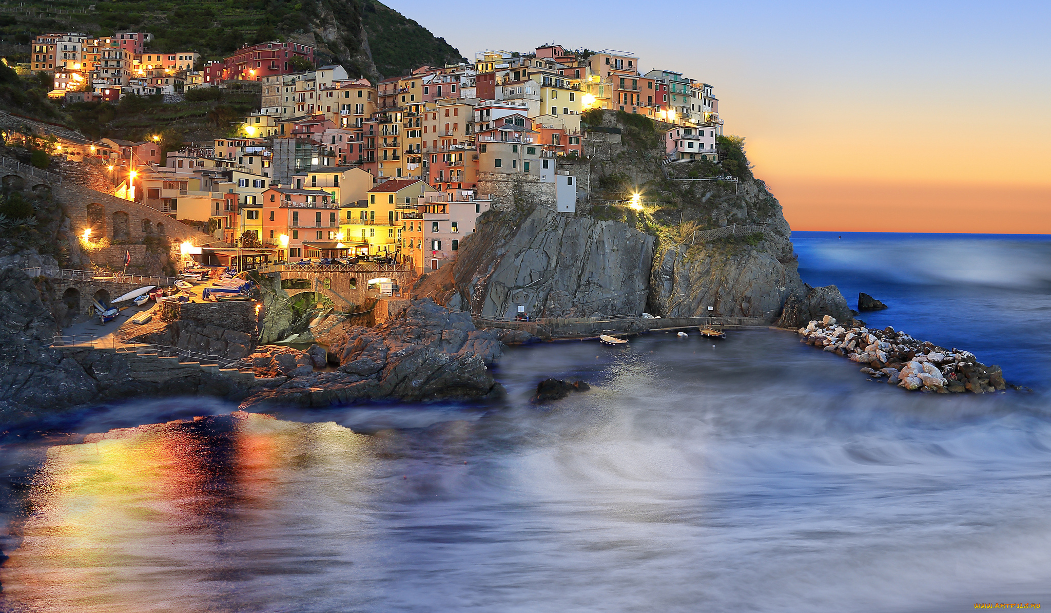 italy, -, cinque, terre, manarola, города, -, огни, ночного, города, побережье