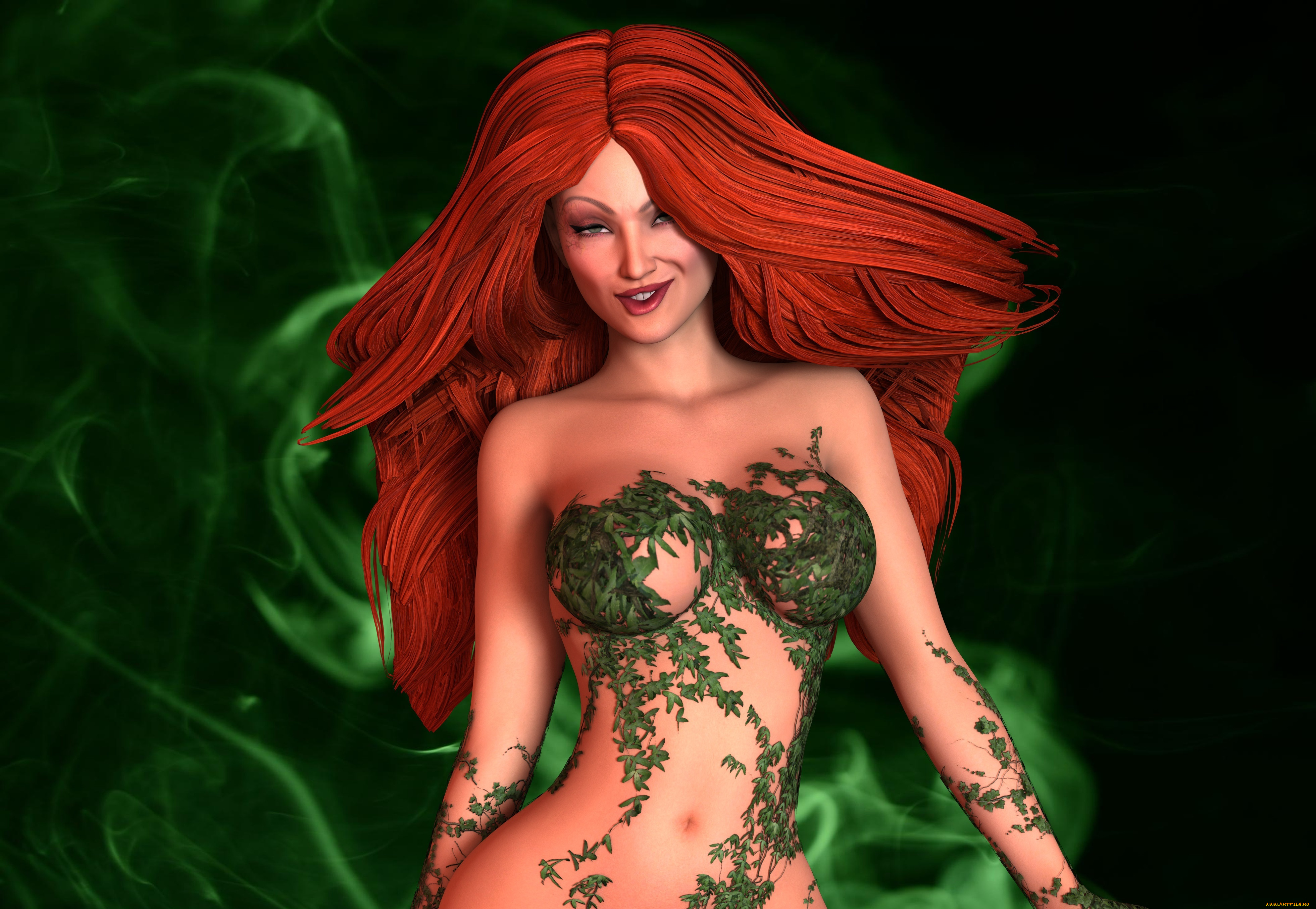 3д, графика, фантазия, , fantasy, девушка, взгляд, фон, рыжая, лесная