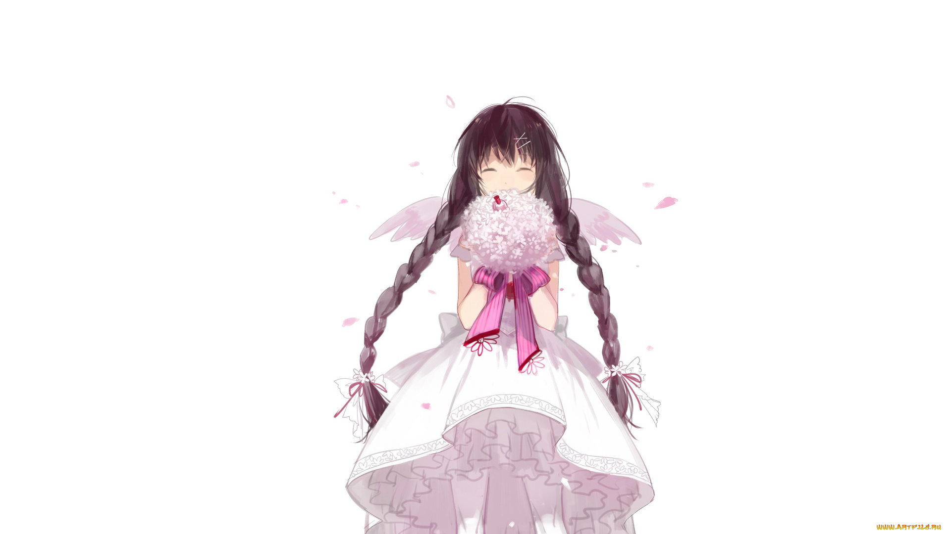 аниме, ангелы, , демоны, платье, косы, девочка, букет, крылья