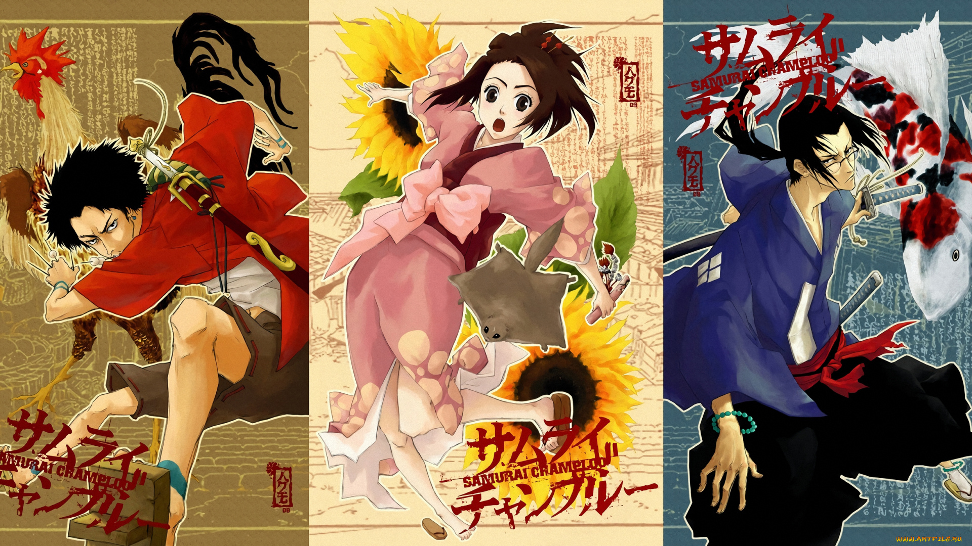 аниме, samurai, champloo, jin, подсолнух, меч, оружие, самурай, fuu, mugen