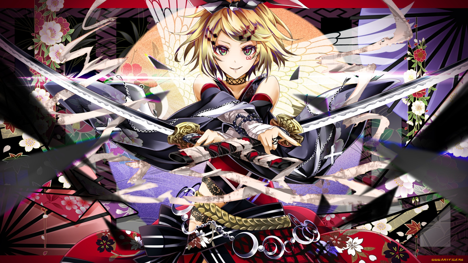 аниме, vocaloid, взгляд, юката, мечи