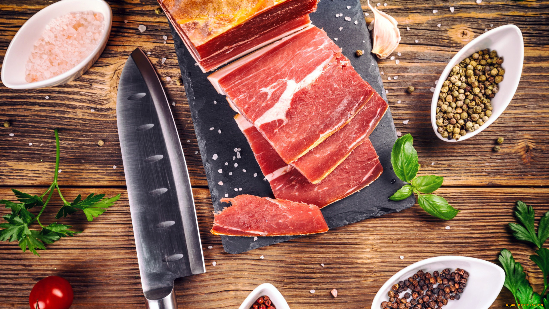 еда, колбасные, изделия, нож, ветчина, перец, соль, помидоры, томаты