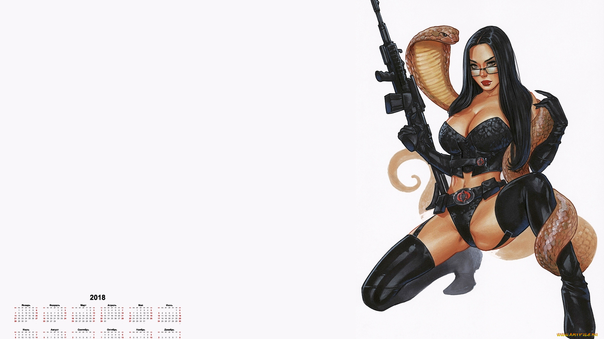 календари, рисованные, , векторная, графика, 2018, оружие, змея, женщина, взгляд