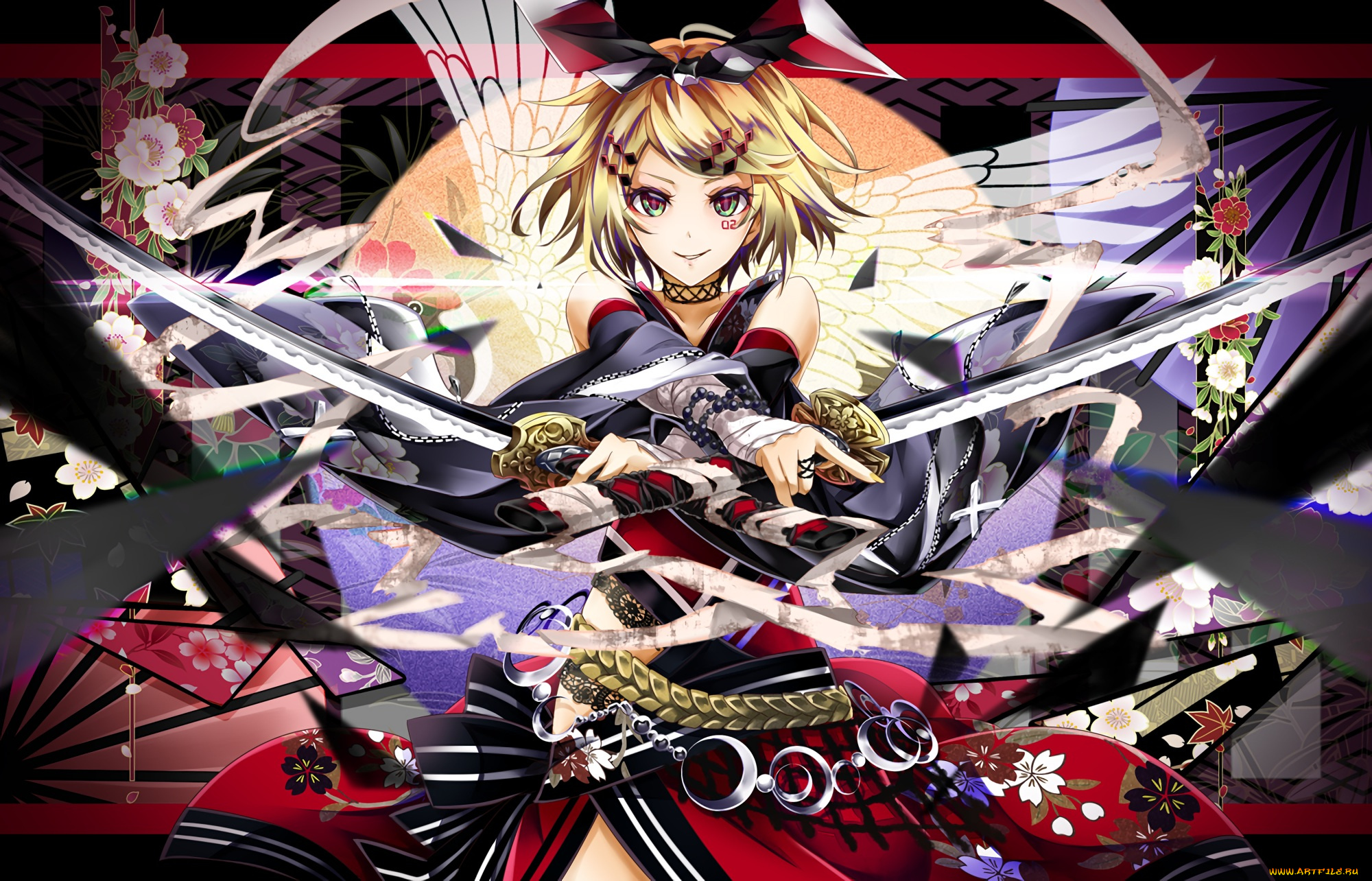 аниме, vocaloid, взгляд, юката, мечи