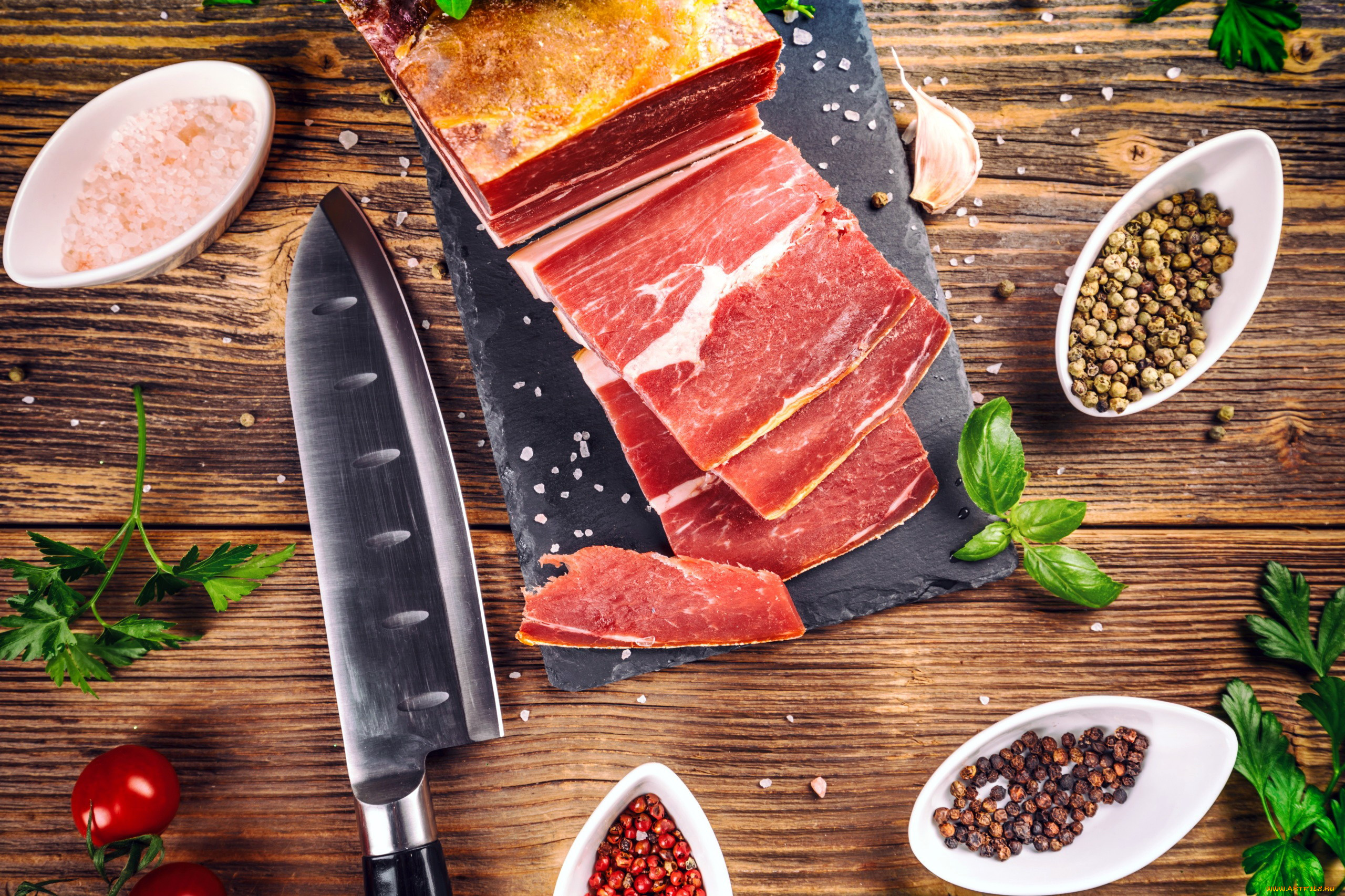 еда, колбасные, изделия, нож, ветчина, перец, соль, помидоры, томаты