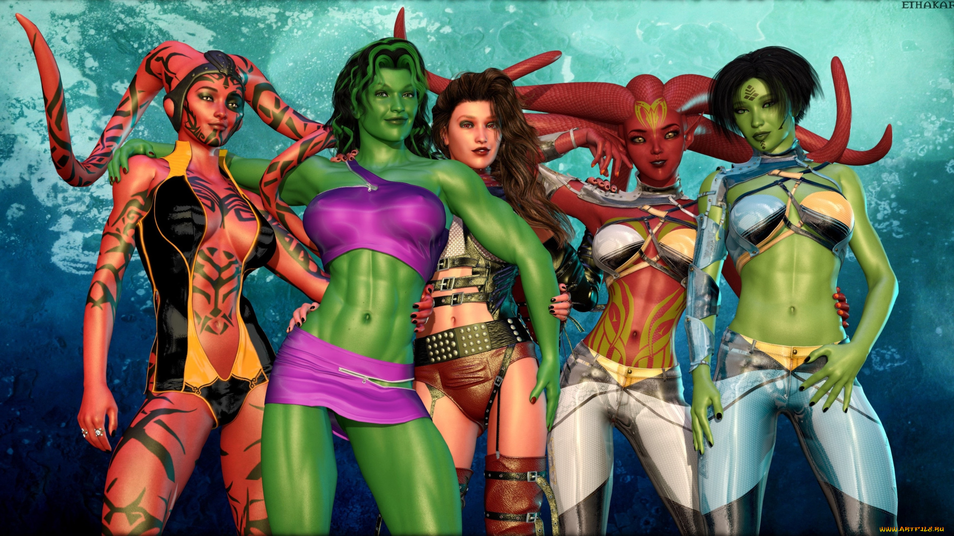 3д, графика, существа, , creatures, взгляд, девушки, фон