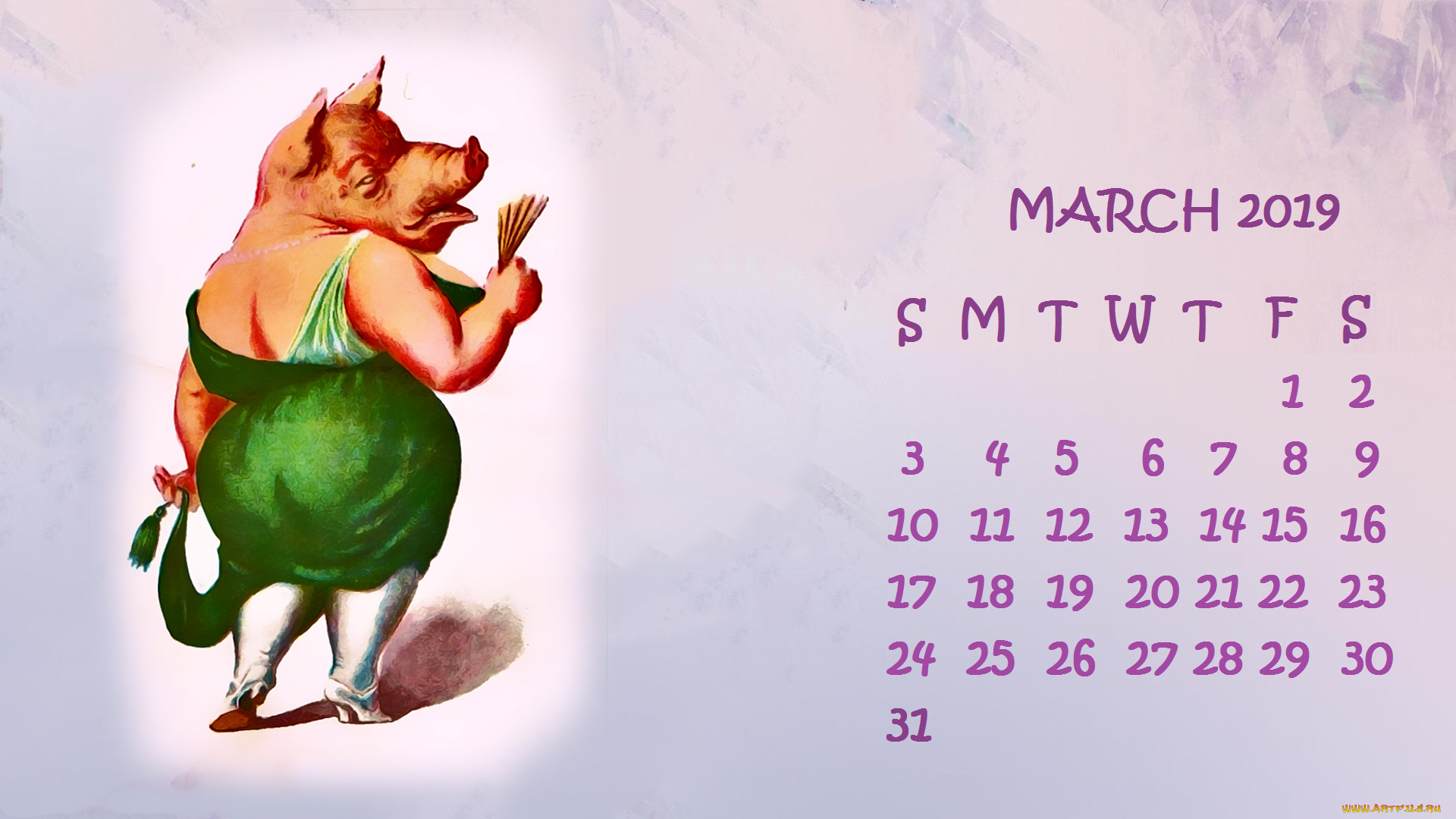 календари, рисованные, , векторная, графика, поросенок, веер, свинья, платье