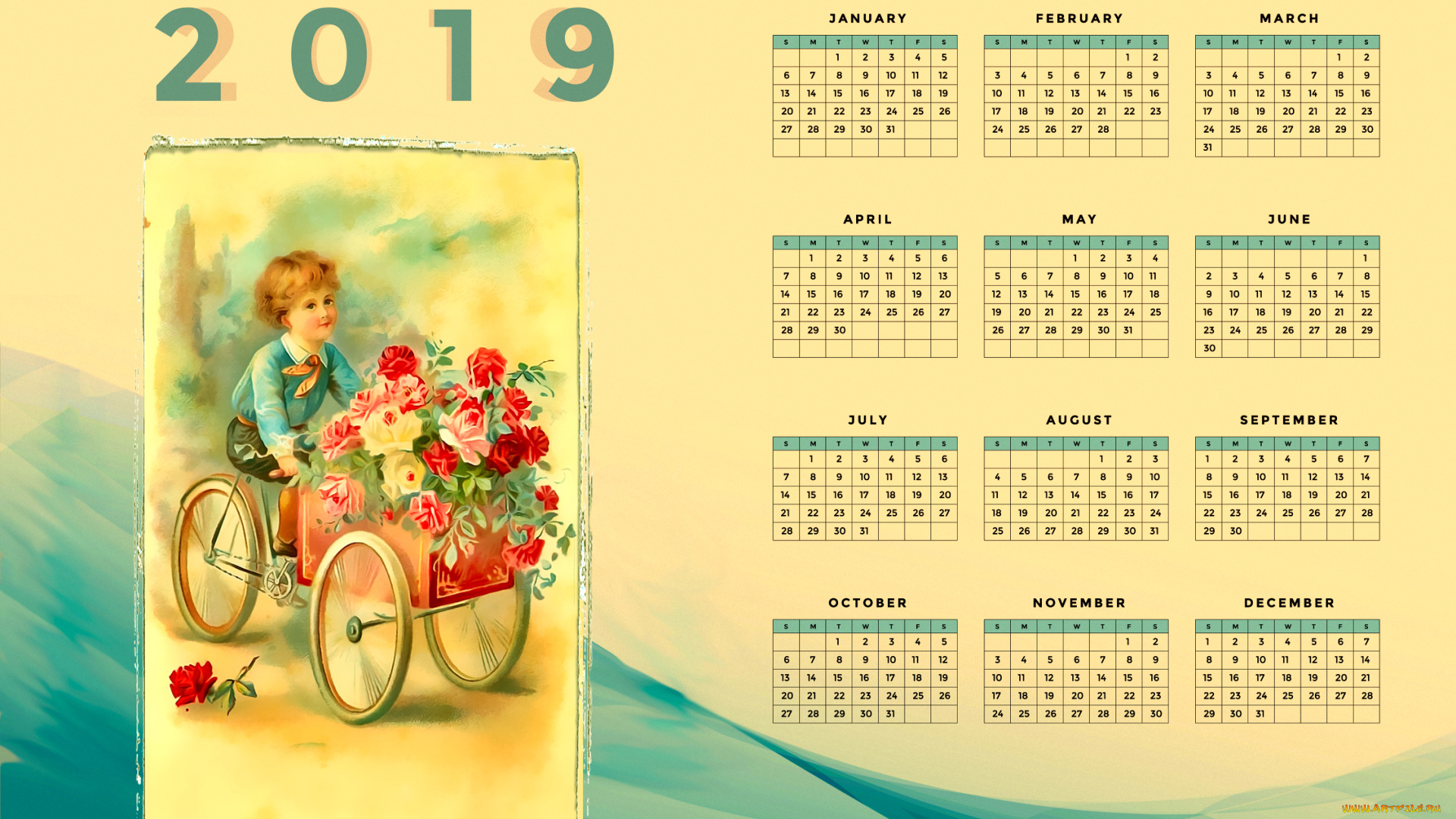 календари, рисованные, , векторная, графика, ребенок, тележка, мальчик, цветы