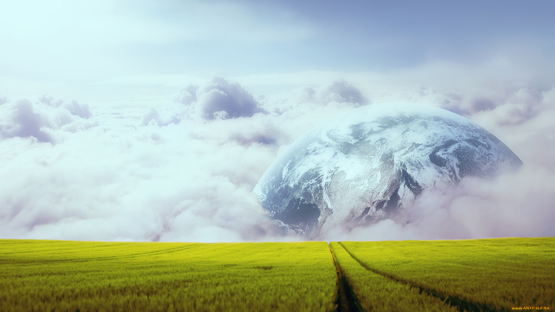 разное, компьютерный, дизайн, след, планета, облака, небо, поле