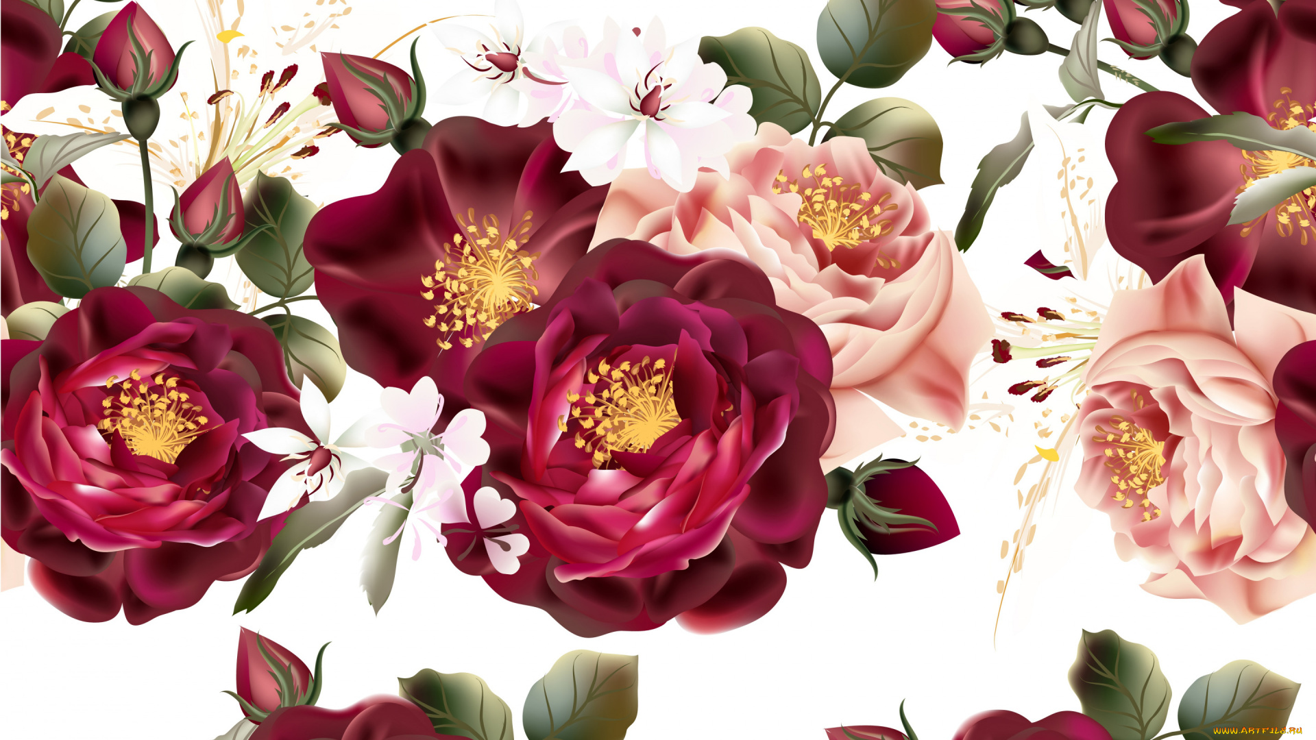 векторная, графика, цветы, , flowers, цветы, винтаж, бутоны, белый, фон, текстура, розы, ретро