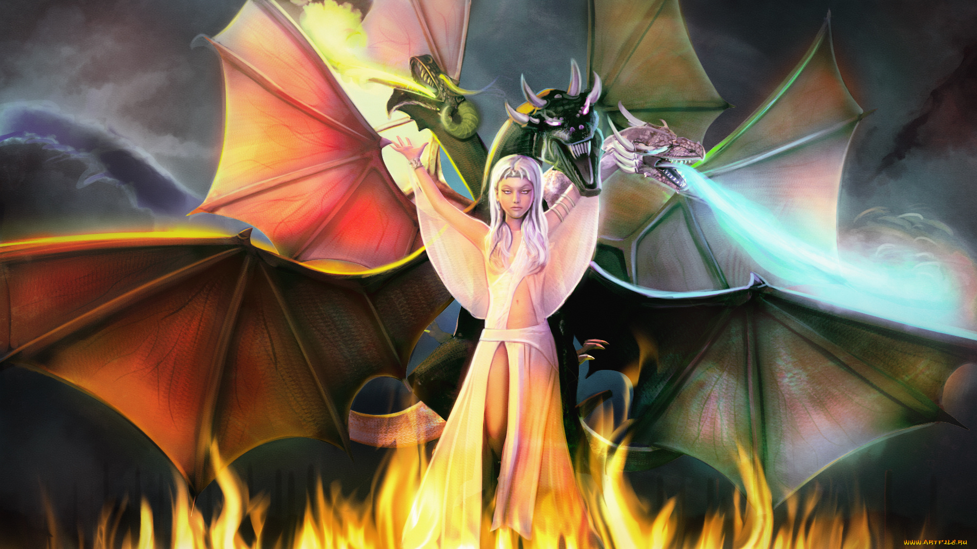 рисованное, кино, взгляд, драконы, фон, пламя, девушка