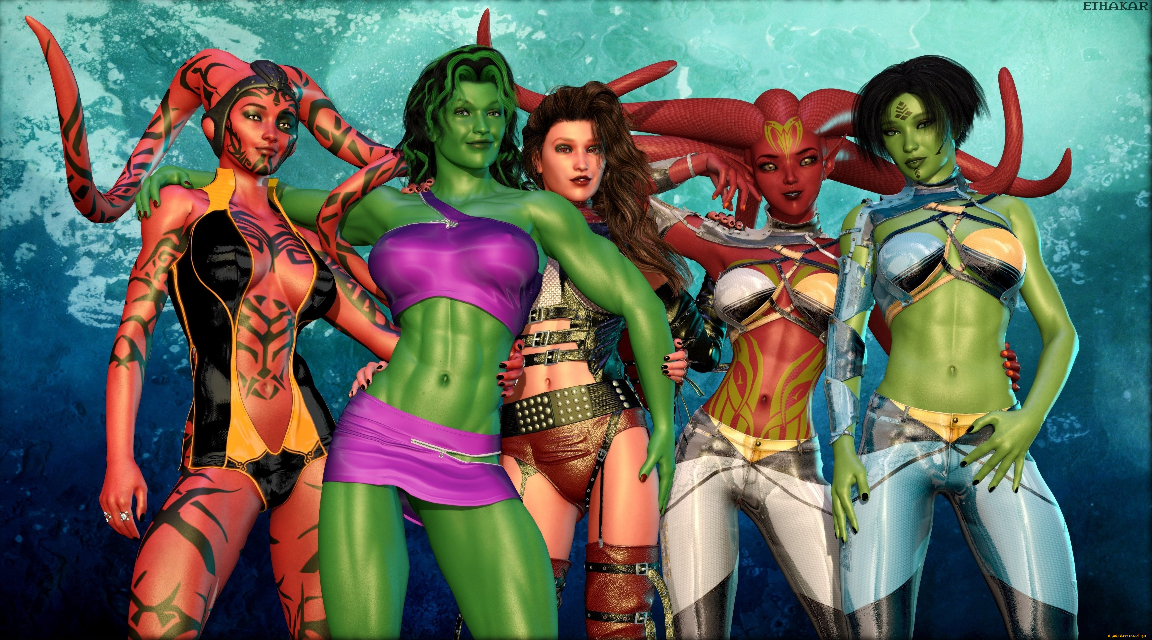 3д, графика, существа, , creatures, взгляд, девушки, фон