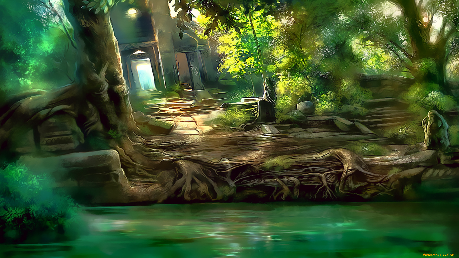 календари, фэнтези, 2019, calendar, растение, деревья, природа, здание, водоем